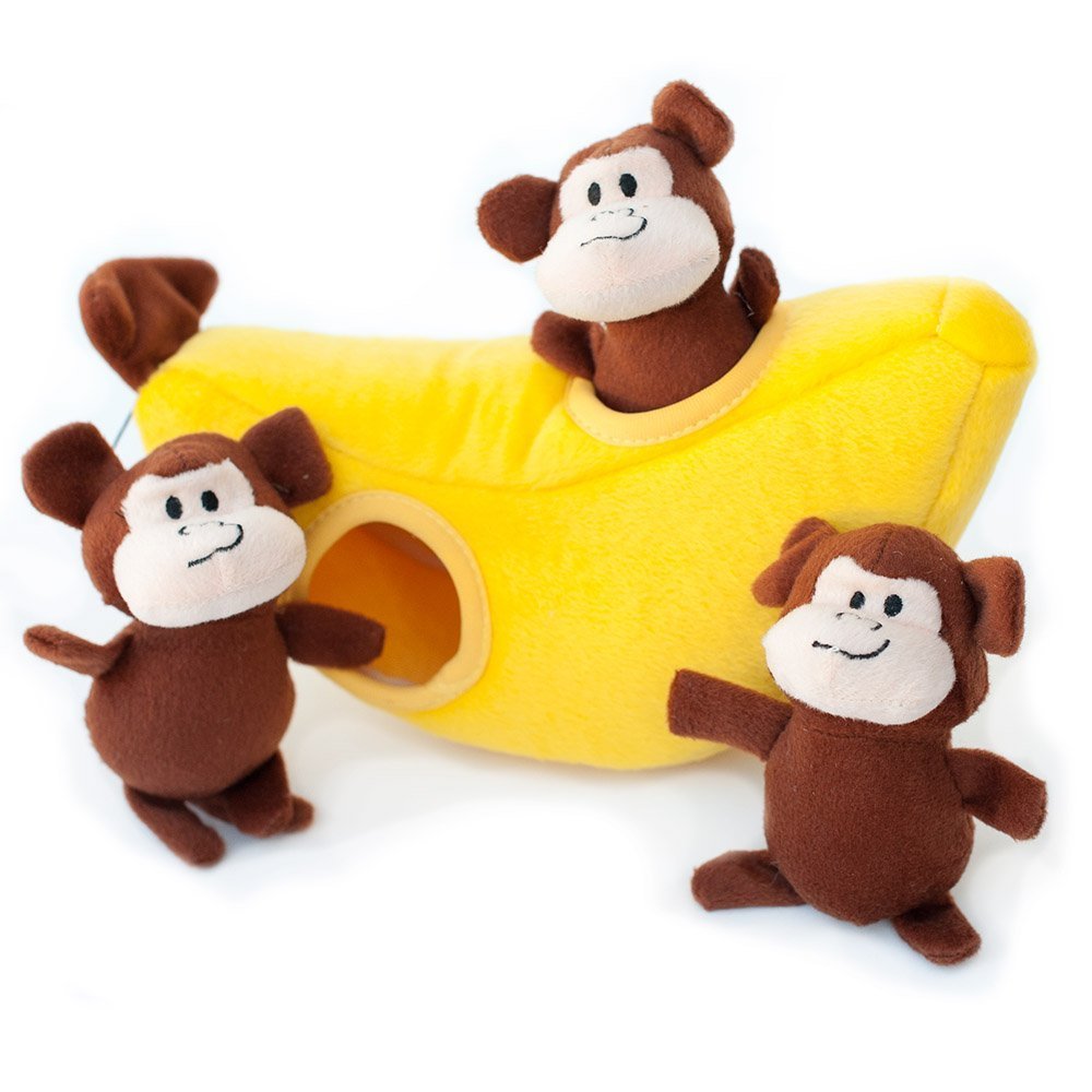 ZippyPaws Burrow, Zoo Friends Monkey 'n Banana - Interactive Dog Toys for Boredom - Hide and Seek Dog Toys, Colorful Squeaky Dog