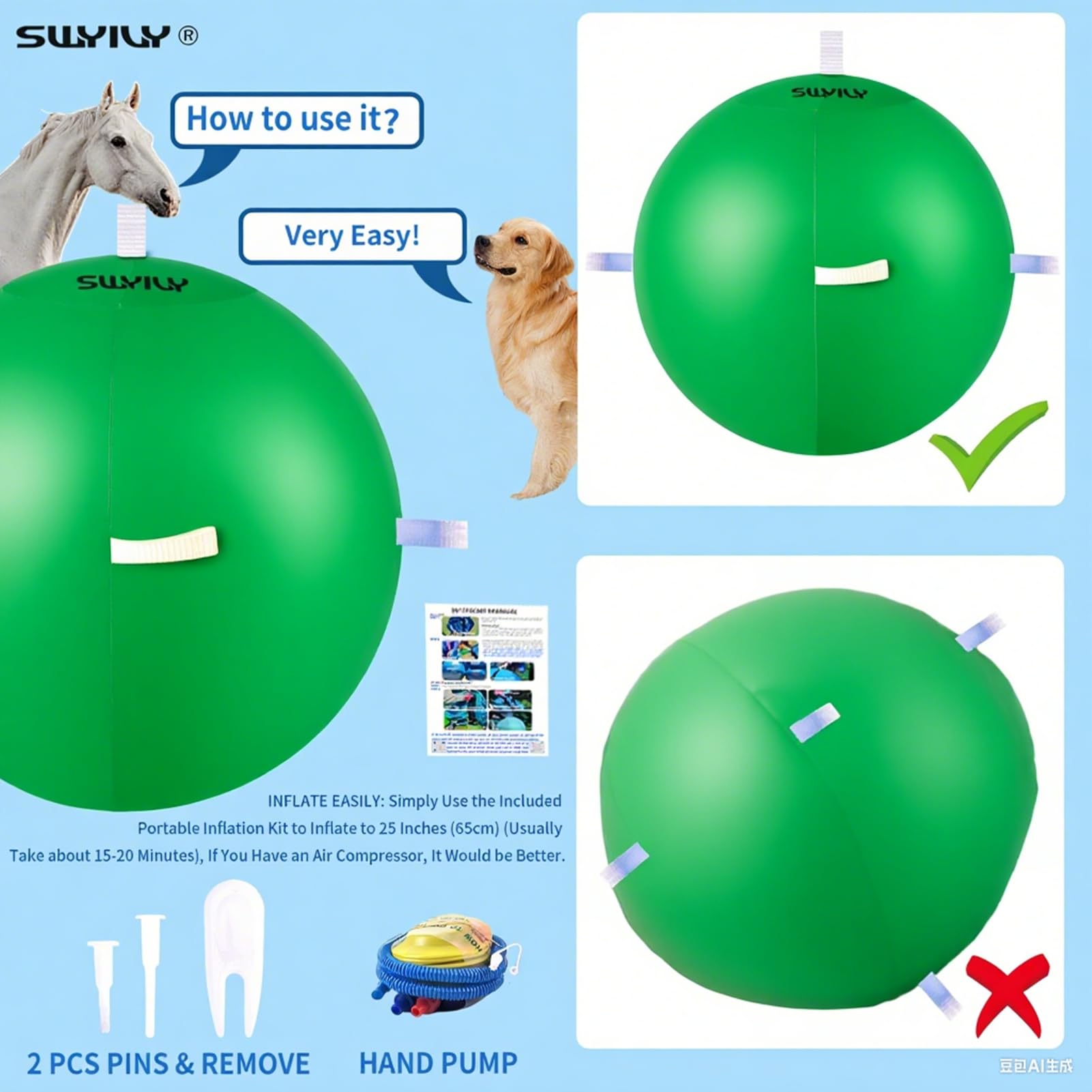 SWYIVY 25 Herding Ball for Dogs Blue Heelers with 2 Chew Straps Covers - Extra Large Giant Horse Ball for Large Breeds Play