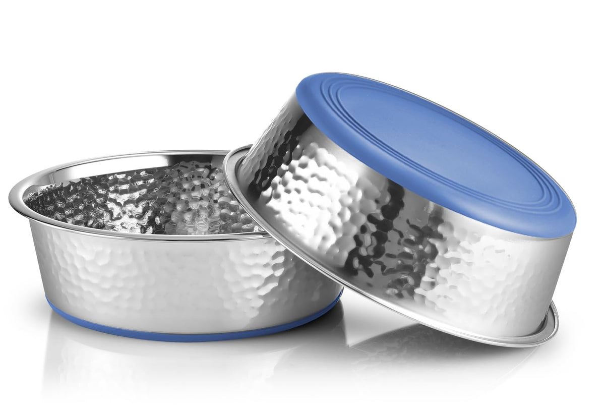 Urbuddies 2 Pack Hammered Stainless Steel Dog Bowls, 8 Cup, Blue Bottom