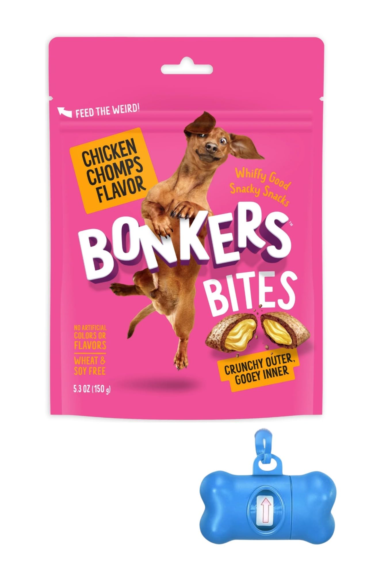 Bonkers Bites Dog Treats, Chicken Chomps Flavor, Crunchy & Gooey, 5.3 oz with Bone Waste Bag Dispenser