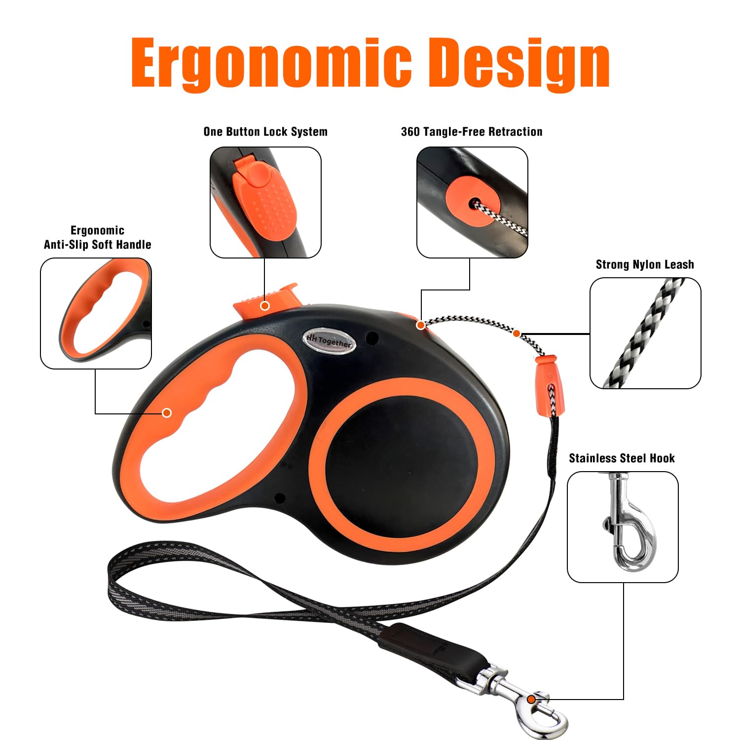 Retractable Dog Leash 30 Ft, Hh Together 360 Tangle-Free Leash For Medium Large Dogs Up To 77 Lbs, Heavy Duty, One-Handed Brake,