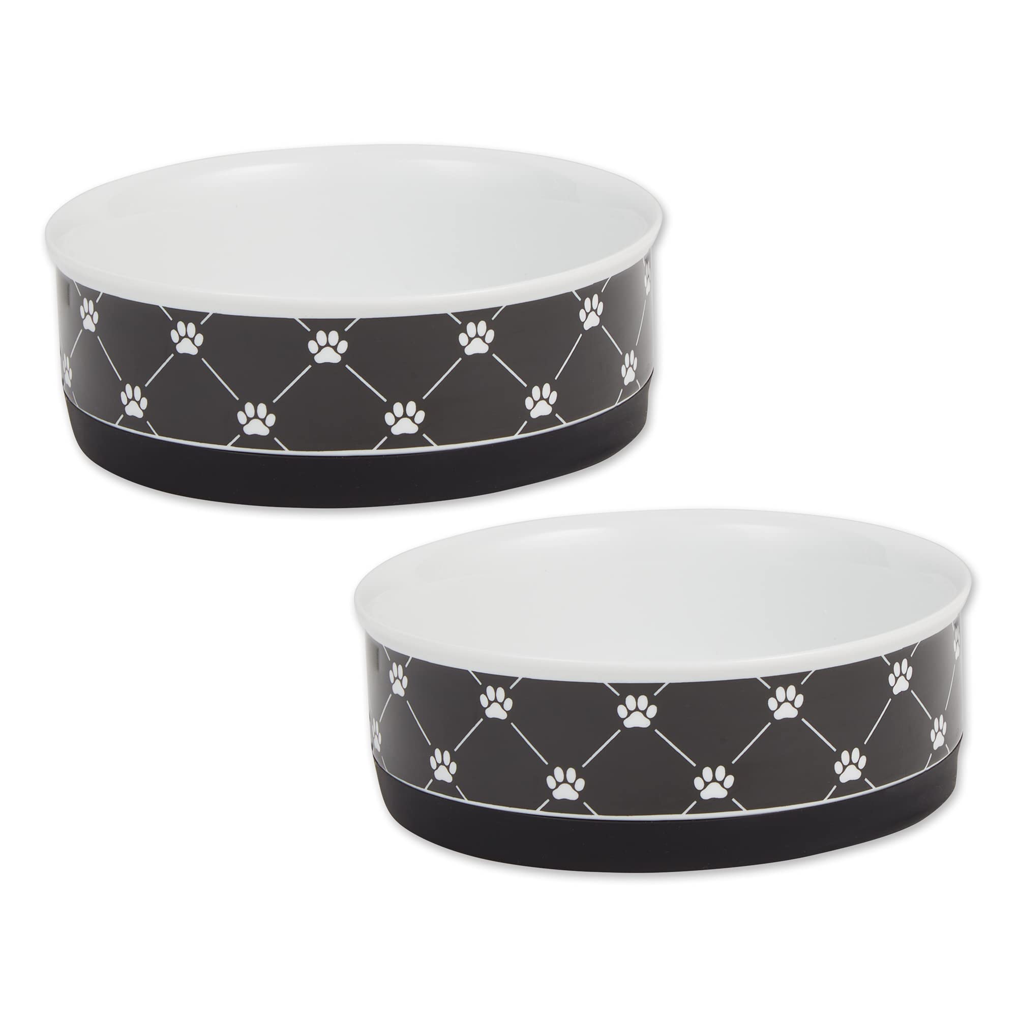 Bone Dry Trellis Paw Print Pet Bowl Set Microwave & Dishwasher Safe, Nonslip Silicone Bottom For Less Mess, Medium 6X2, Black, 