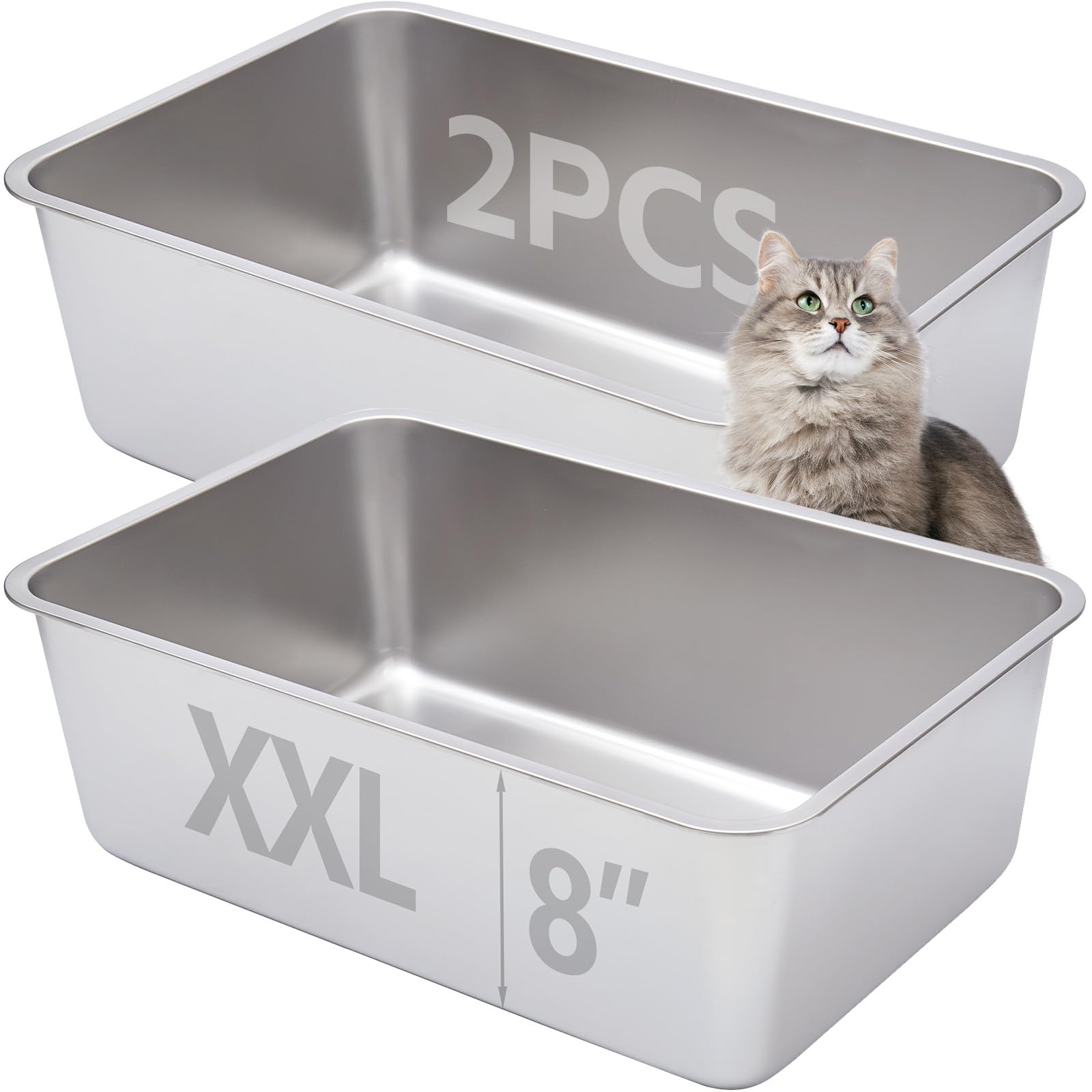 Egmehoad Stainless Steel Cat Litter Box 2 Pack,Metal Litter Box For Big Cats 8In Deep, Metal Pet Toilet Easy To Clean,High Sided