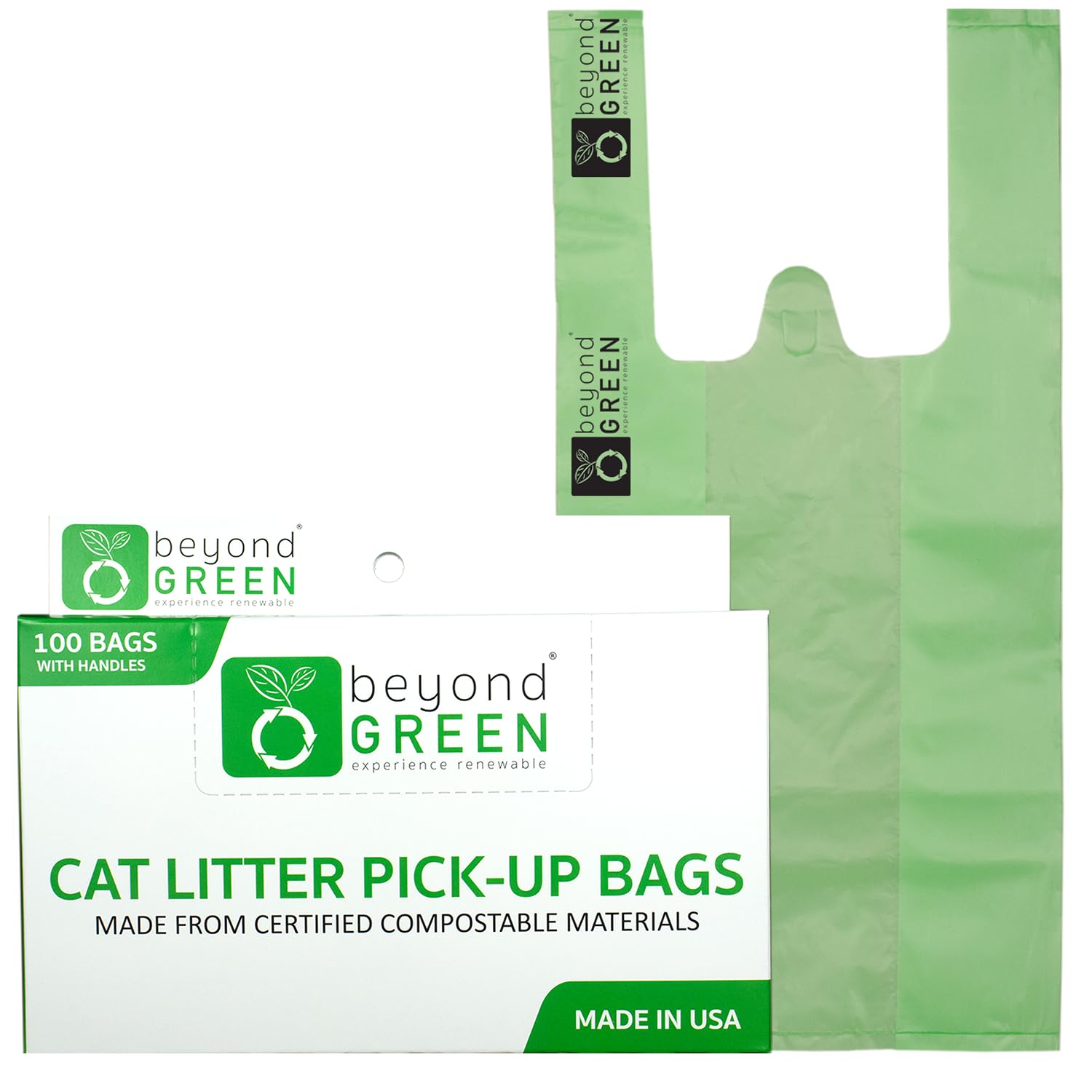 beyondGREEN Plant-Based Cat Litter Poop Waste Pick-Up Bags with Handles - 100 Bags - 8 in x 16 in