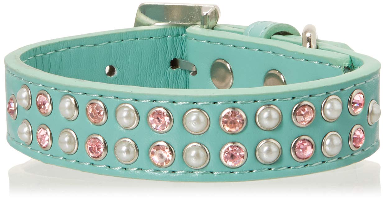 Dog, Puppy & Pet Fashion Collar, &quot;Two Row Pearl And Pink Crystal Rimsets&quot; Aqua 12