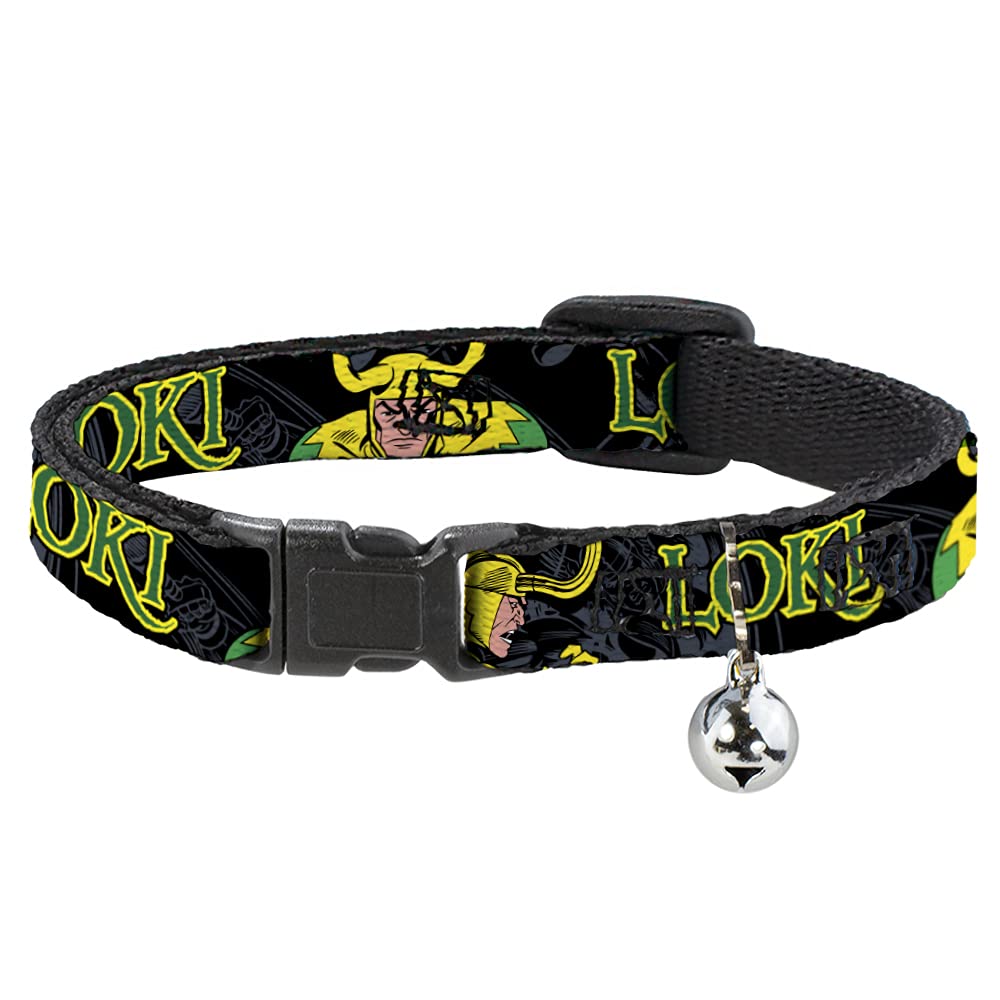 Buckle-Down Cat Collar Breakaway Loki In Action Black Gray Yellow Green 8 To 12 Inches 0.5 Inch Wide