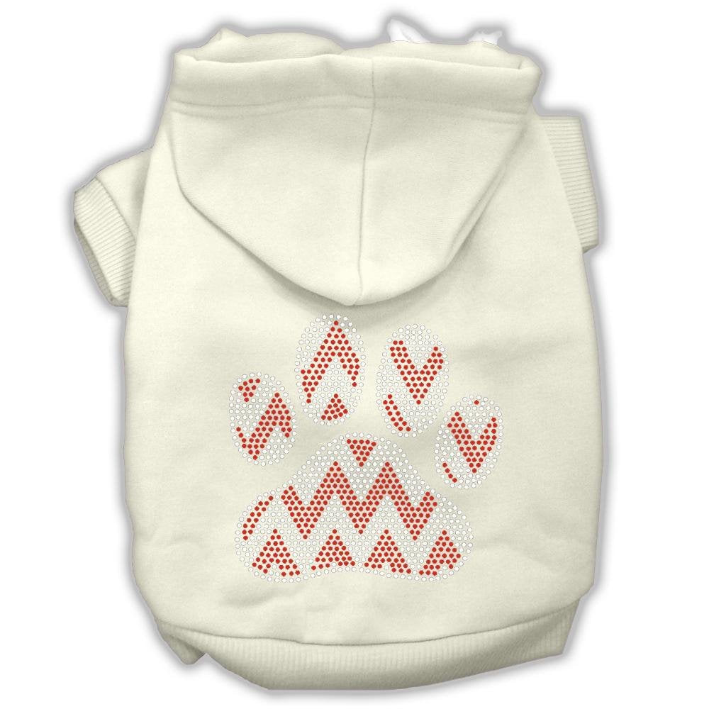 Christmas Pet, Dog & Cat Hoodie Rhinestone, 'Candy Cane Chevron Paw' Cream Sm (3-6 Lbs.)