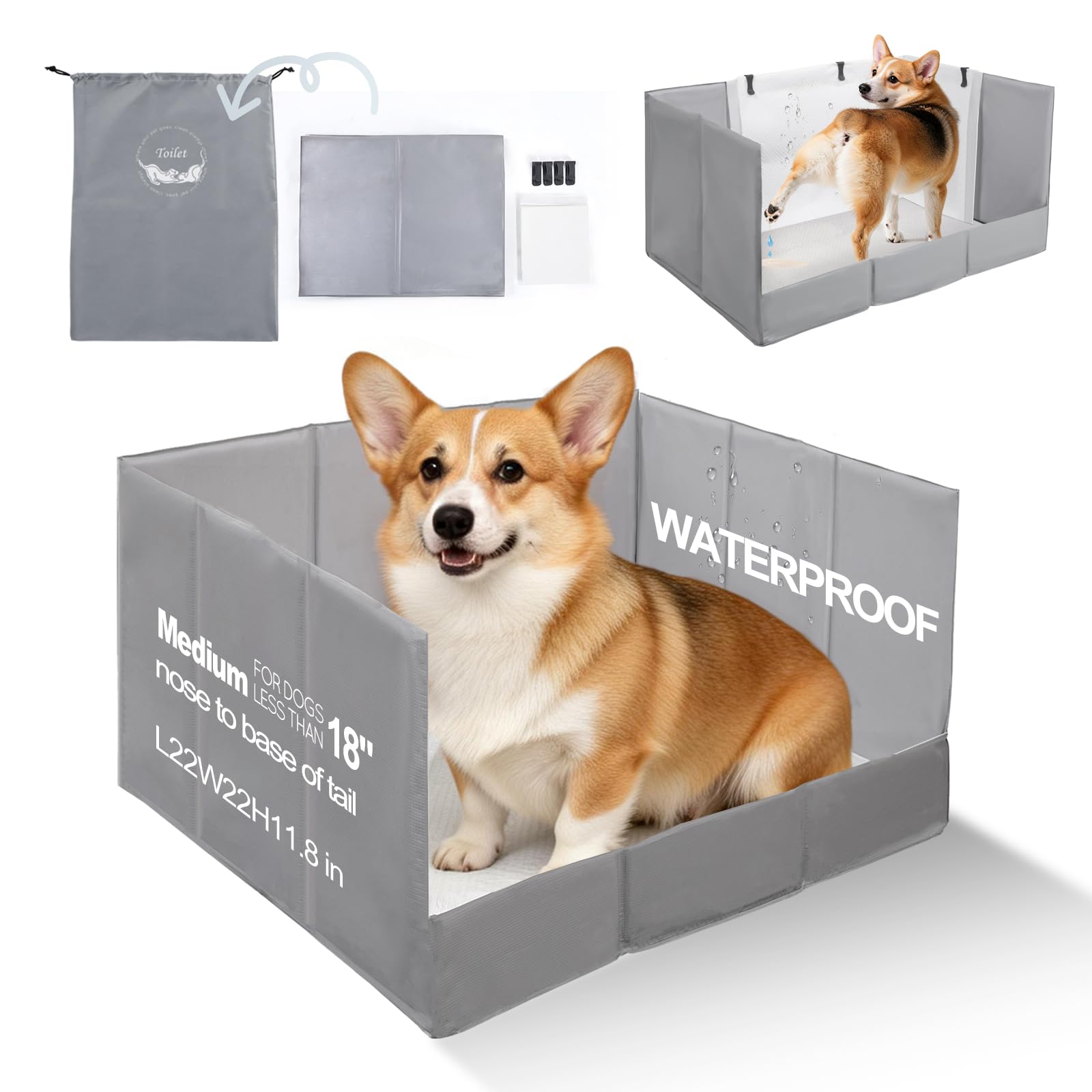 HQ4US 4LEGS Dog Litter Box, Pee Pad Holder Foldable, 22''x 22'' Indoor Dog Potty Tray for Medium Dogs, High Walls, Seamless, No 