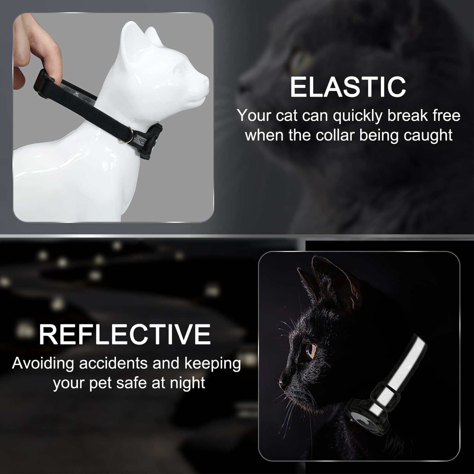 Reflective Airtag Cat Collar, Integrated Cat Tracker Collar With Air Tag Holder And Bell, Safety Elastic Band Cat Gps Collars For Girl Boy Cats, Kittens And Puppies (Black, Xs)