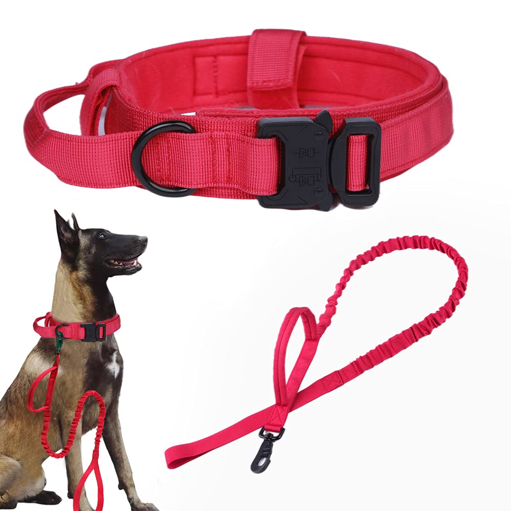 Tactical Dog Collar And Leash Set Tactical Dog Collar With Handle Bungee Leash Adjustable Military Training Nylon Collar Dog Training Collar Leash Set With Control Handleand Metal Buckle (Red L
