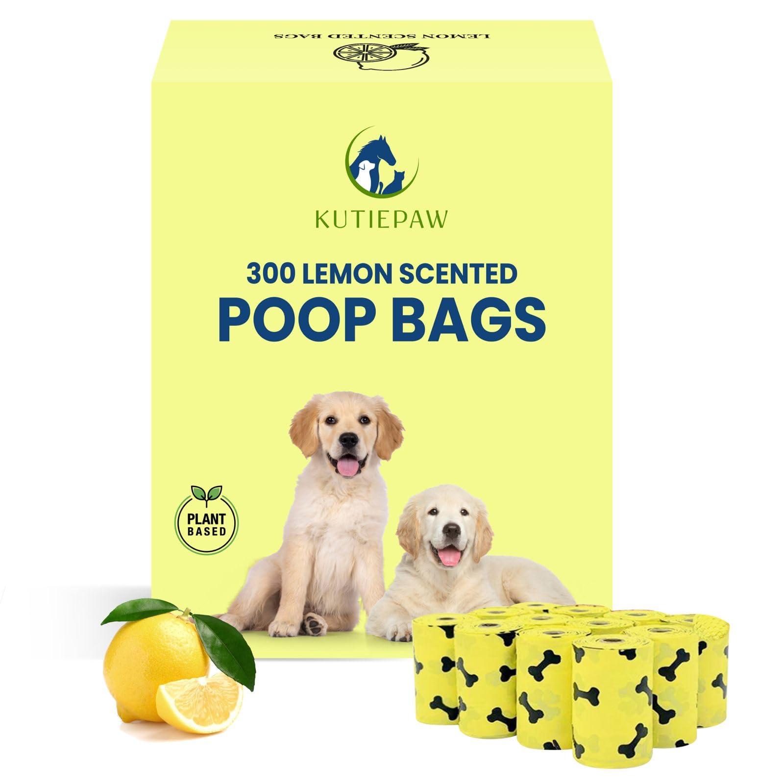 Kutie.Paw Dog Poop Bags - 300 Count - Lemon Scented Biodegradable Poop Bag For Dogs - Leak Proof Extra Thick Compostable Dog Was