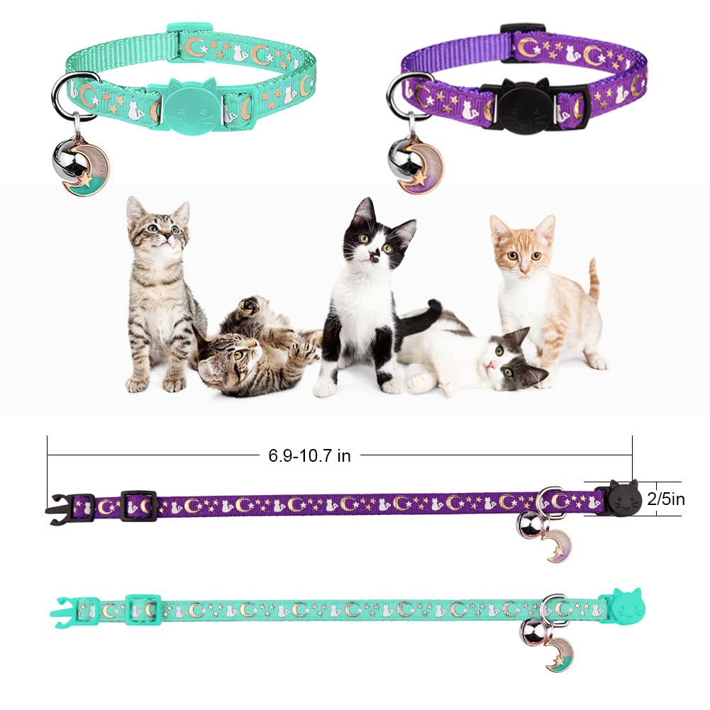 2Pcs Breakaway Cat Collars With Bell Moons Stars Cute Kitty Adjustable Safe Kitten Collars With Pendant Glow In The Dark(Purple&