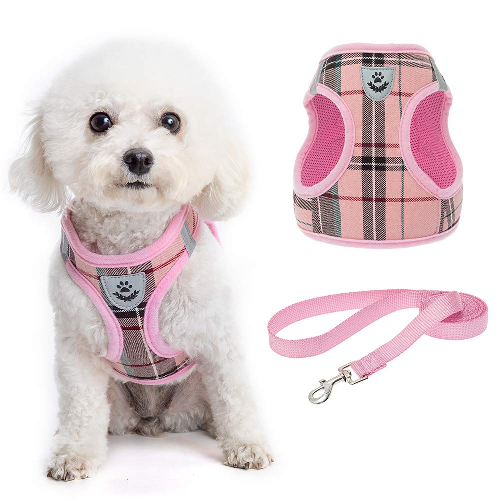 Kooltail Small Dog Harness And Lead Set, Soft Mesh Plaid Puppy Harness With Safety Buckle, Adjustable & Comfortable Padded Refle