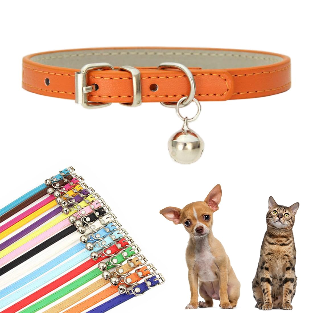 Orange Dog Collar with Bells for Small Dogs, Faux Leather Puppy Collar with Bells Pu Basic Boy Dog Collars for XXS XSmall Small 
