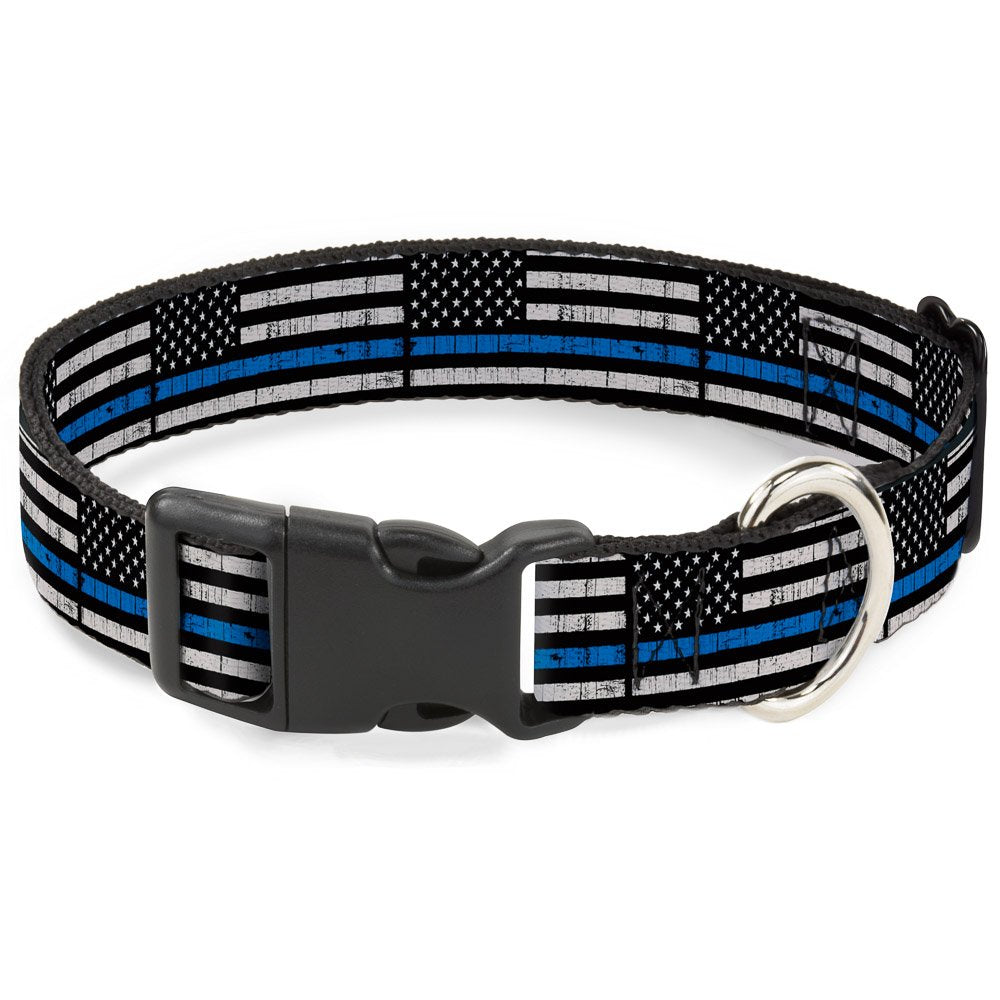 Buckle-Down Plastic Clip Collar - Thin Blue Line Flag Weathered Black/Gray/Blue - 1' Wide - Fits 15-26' Neck - Large