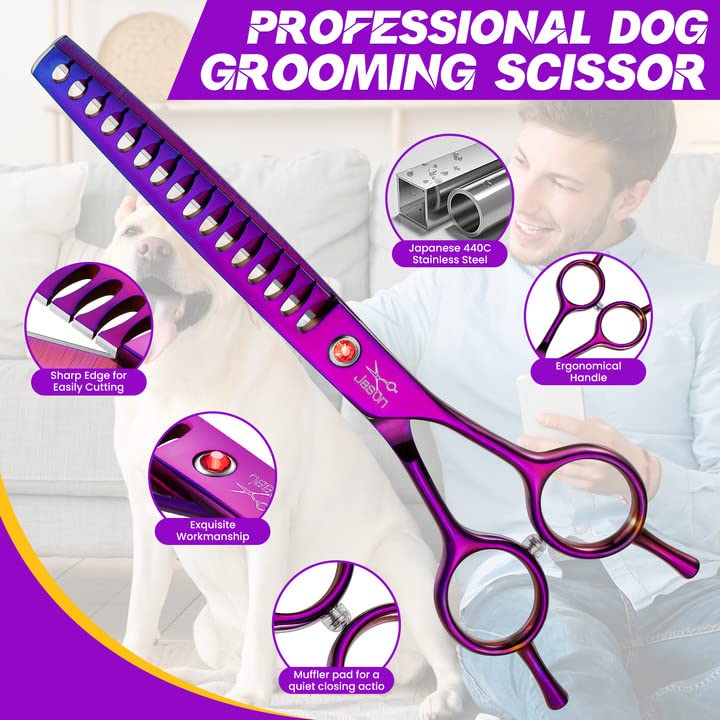 JASON Dog Grooming Scissor - 7.5" Chunker Shear, Ergonomic Handle, Purple, Japanese Stainless Steel for Pets