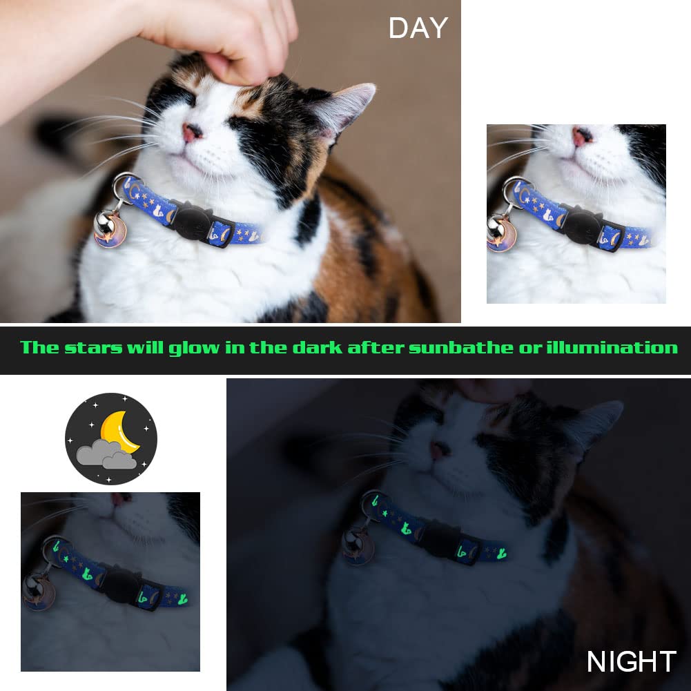 2Pcs Breakaway Cat Collars With Bell Moons Stars Cute Kitty Adjustable Safe Kitten Collars With Pendant Glow In The Dark(Black&B