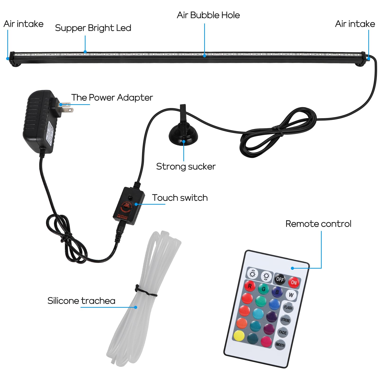 Szminiled Submersible Aquarium Light, Fish Tank Light With Air Bubble Hole, Rgb Color Changing Brightness Adjustable Ip68 Waterproof Remote Control Led Light For Aquarium Fish Tank 35 Inch