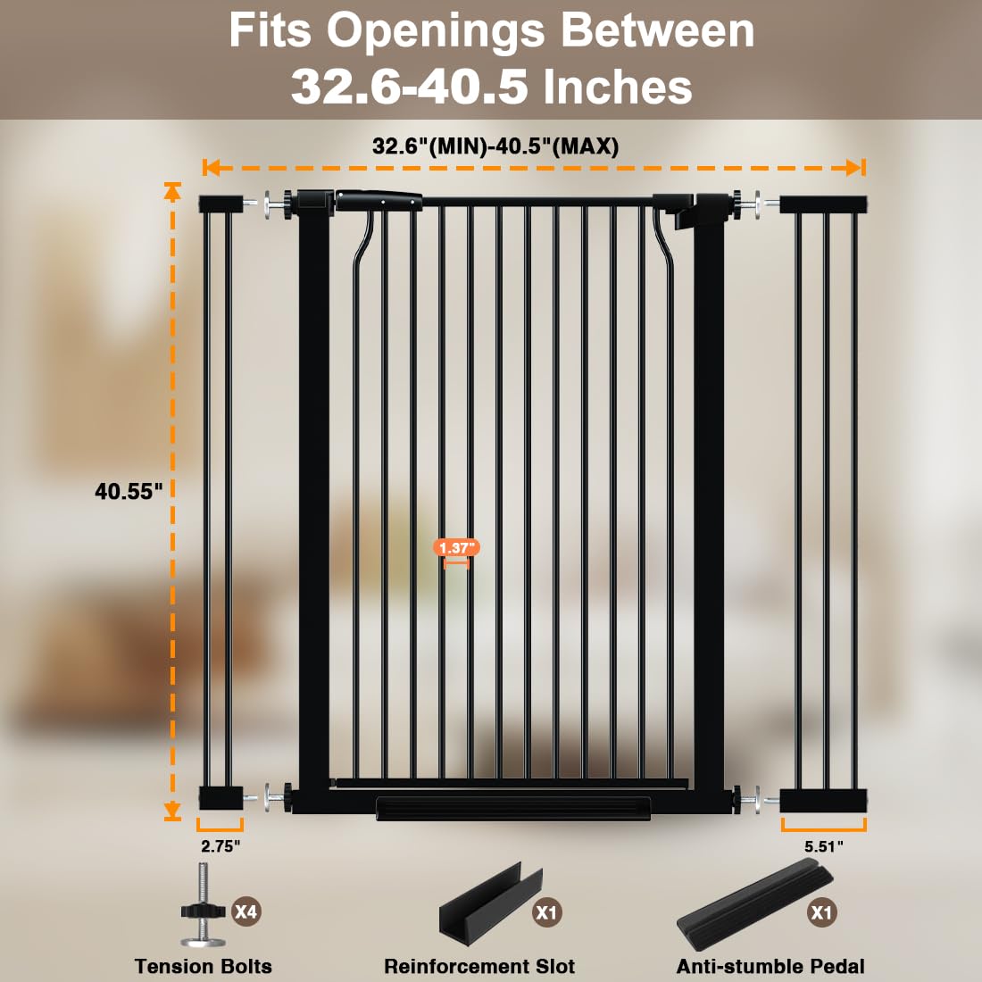 THEYFIRST Extra Tall Dog Gate - 57.5"-60.2" Pressure Mounted Metal Walk Thru Pet Gate, Auto Close, Black