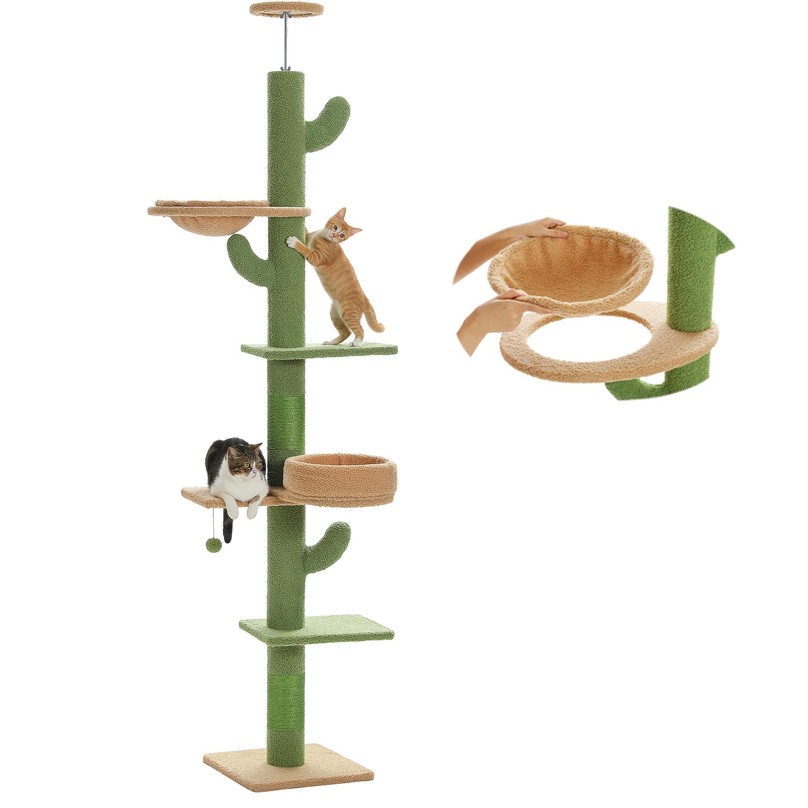 Pequlti Floor To Ceiling Cat Tree Adjustable Height (87''-100''), 5 Levels Cactus Cat Tower With Perch&Replaceable Hammock, 4.1'