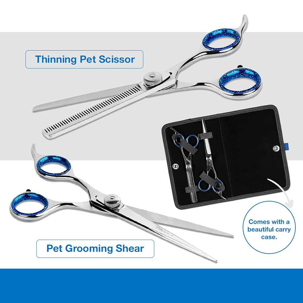 Laazar Pet Grooming Set - 7'' Straight Pet Grooming Scissors & 6.5'' Pet Thinning Shears with 42 Teeth | Professional Dog Sheari