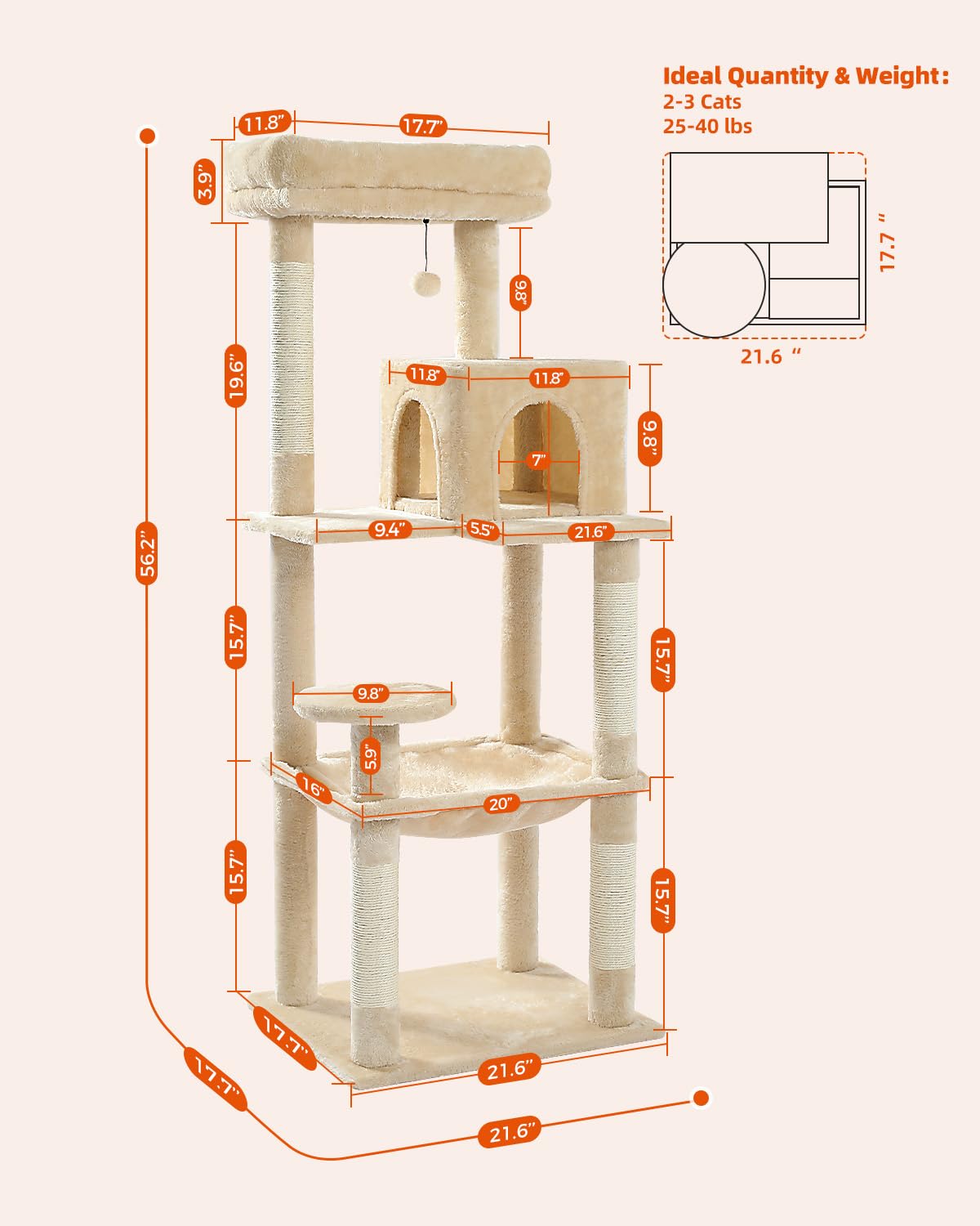 PETEPELA 56.3 Inches Multi-Level Cat Tree Cat Tower with Sisal Covered Scratching Posts, Comfort Condo, Extra Large Hammock and