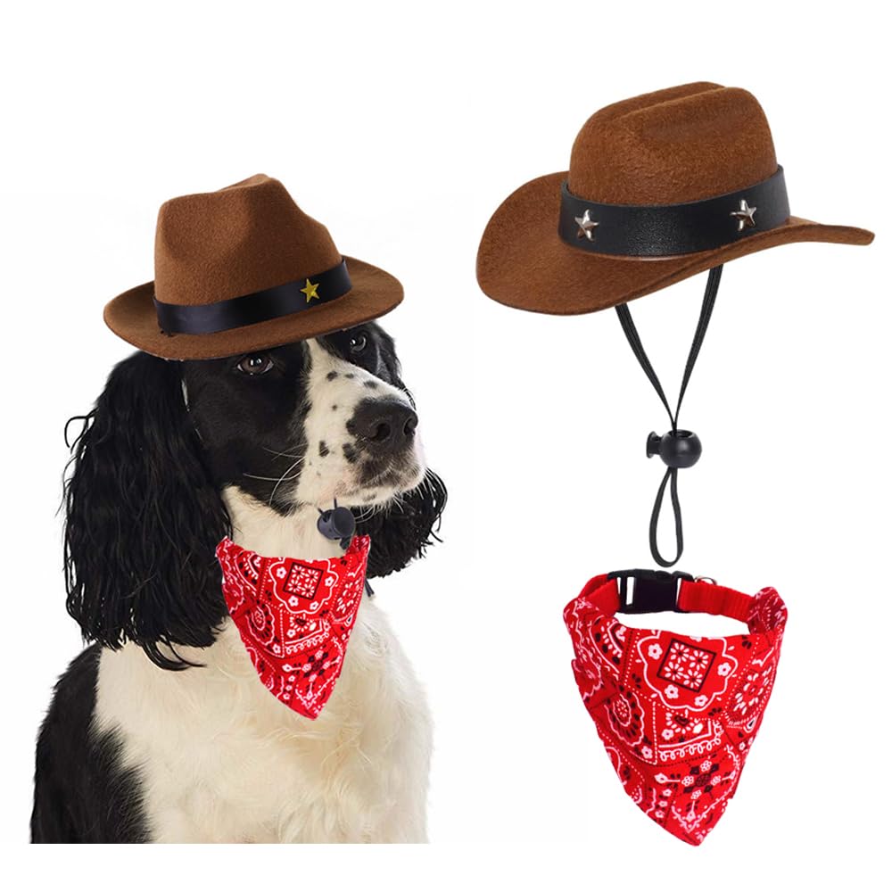 Dog Cowboy Costume Mini Brown Cowboy Hat Pet Bandana Halloween Costume For Cat Size S