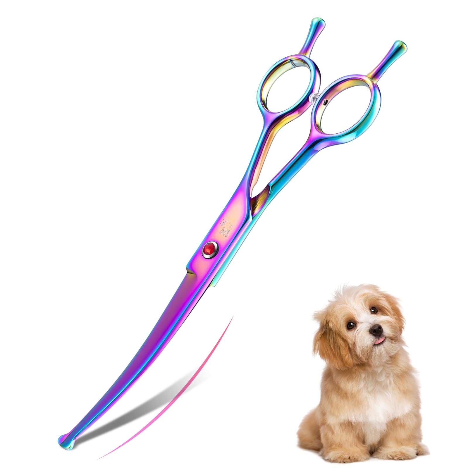 Drgskl 7'' Curved Dog Grooming Scissors With Safe Round Tip, Rainbow Pet Fur Scissors, Japanese Stainless Steel 440C, Sharp And 