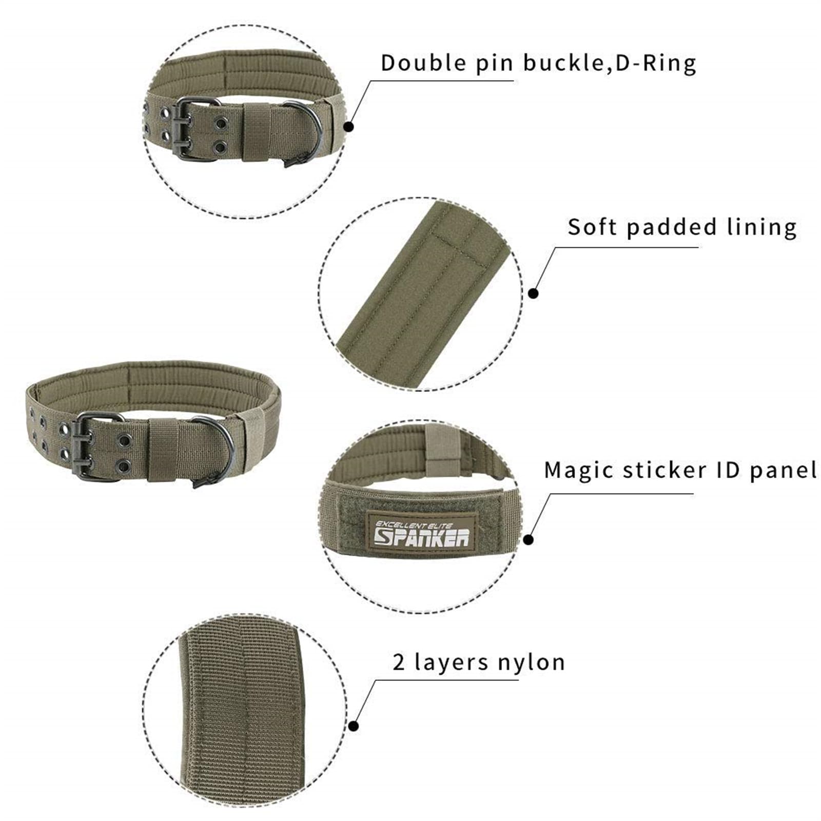 Excellent Elite Spanker 1.5' Width Military Dog Collar Adjustable Metal D Ring & Buckle Working Dog Collar For Medium Large Dogs(Ranger Green-Xl)