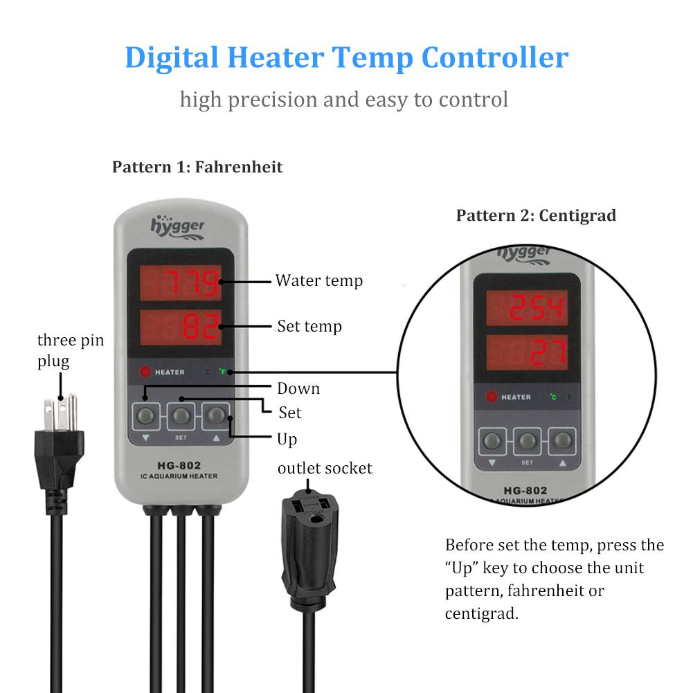 Hygger 200W Titanium Aquarium Heater For Salt Water And Fresh Water, Digital Submersible Heater With External Ic Thermostat Controller And Thermometer, For Fish Tank 20-45 Gallon