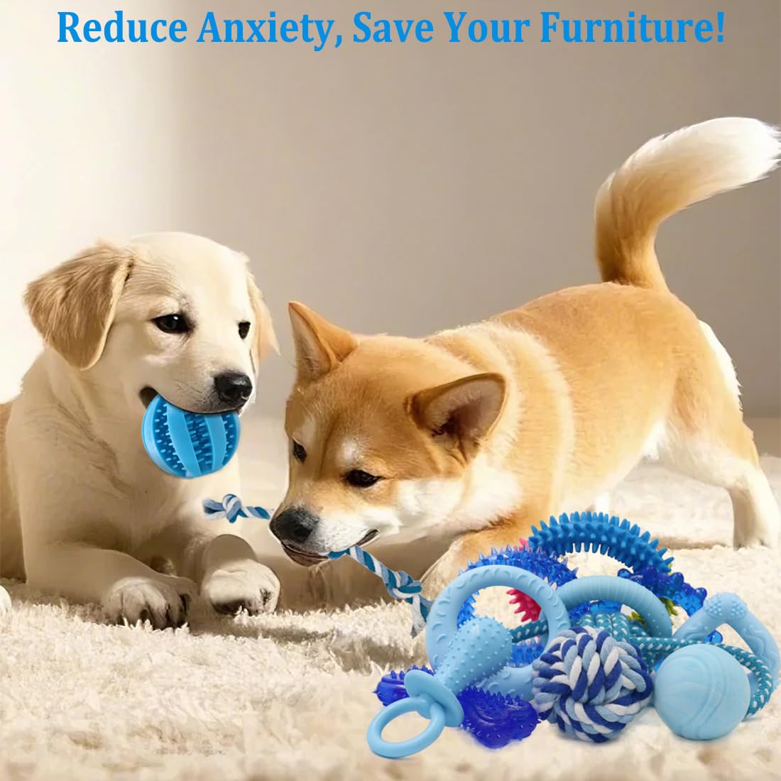 Beiker 20 Pack Puppy Chew Toys - Blue Dog Teething Toys For Puppies, Puppy Teething Rings And Durable Ropes, Blue Rubber Toy Bun