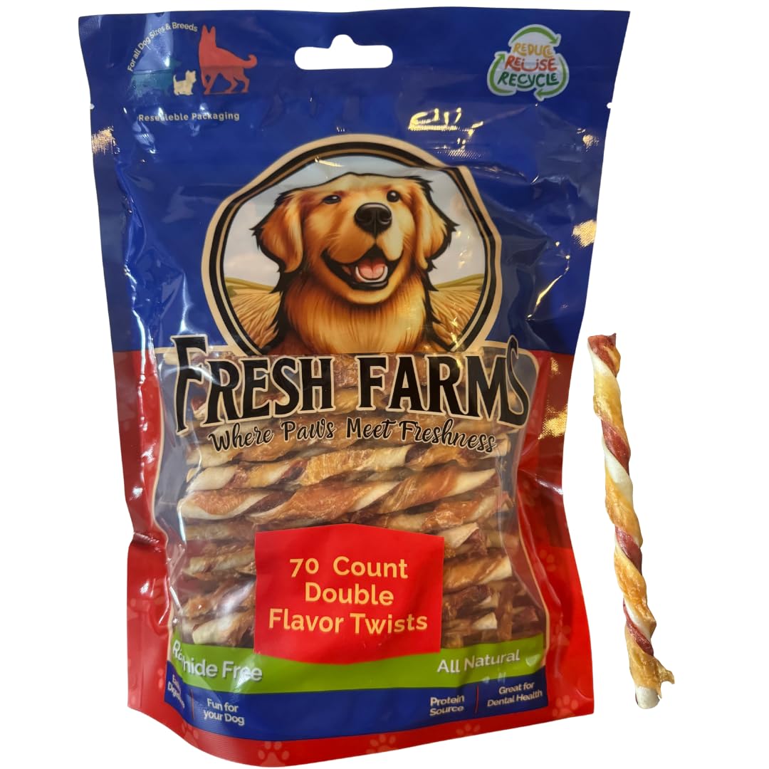 Fresh Farms Double Flavor Twists - 70 Count Rawhide Free Dog Chews Made with Pork Hide & Chicken - Long Lasting Dog Treats Safe,