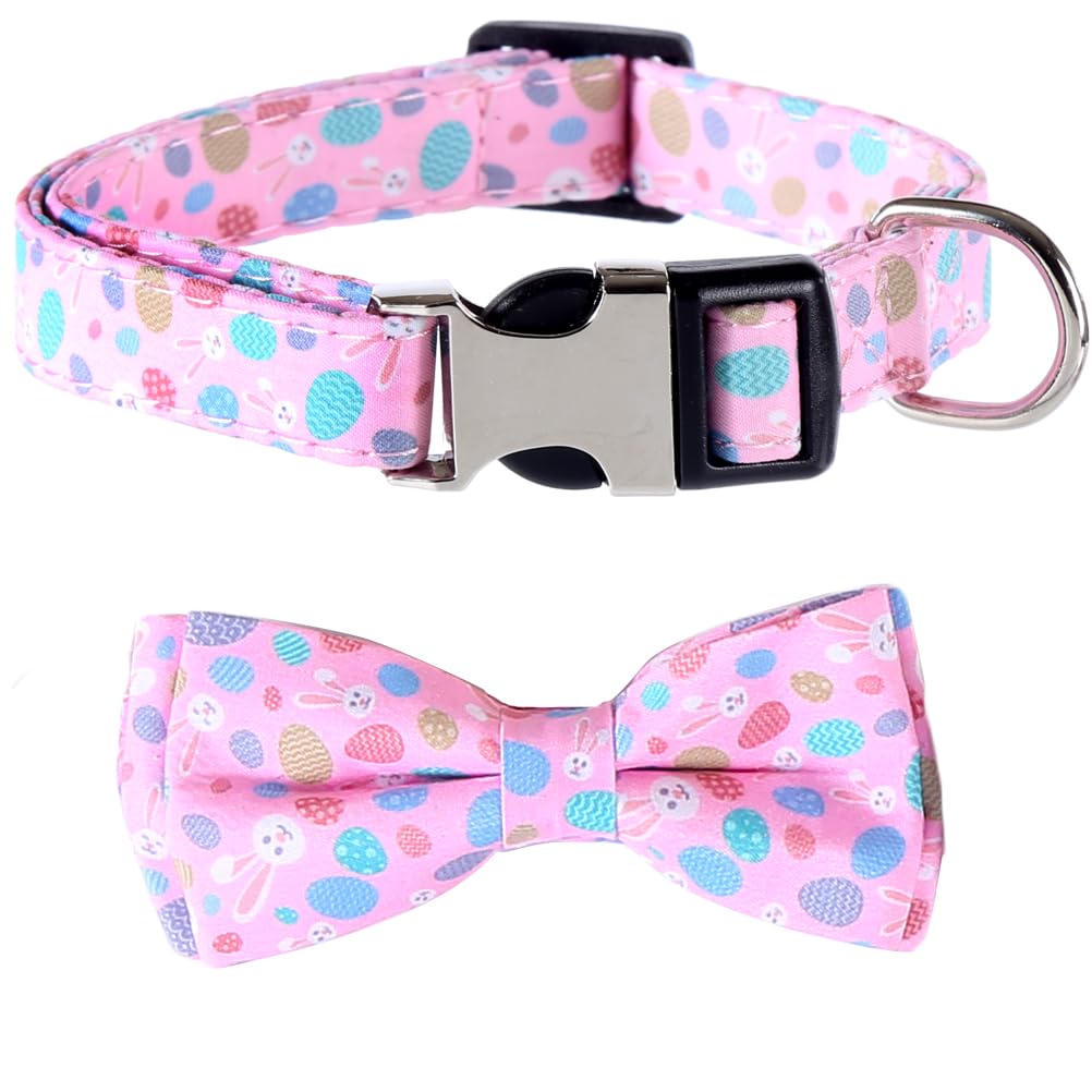 Easter Dog Collar With Bowtie Bunny Egg Holiday Adjustable Pet Collars With Metal Buckle For Dogs (Rabbit Eggs,Large)