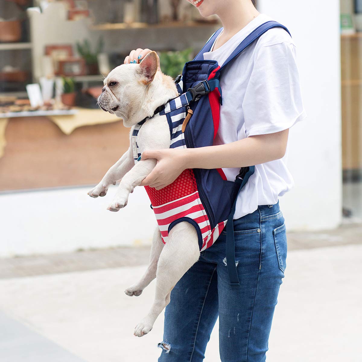 Lifeunion Legs Out Dog Carrier Backpack Hands-Free Adjustable Pet Travel Carrier For Small Medium Dogs Cats Motorcycle Hiking Walking (Red And Blue Stripes)