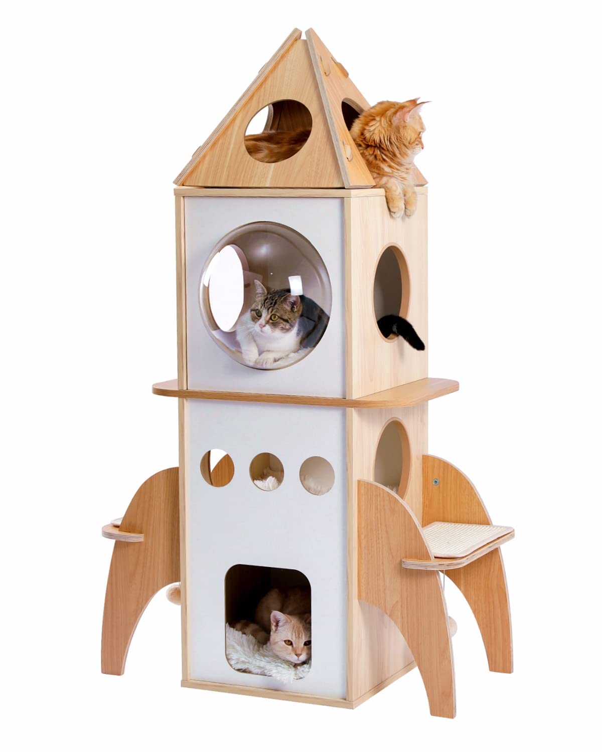 Muttros Modern Cat Tree Rocket Shape,54'' Wood Cat Tower Multilevel For Indoor Cats, Cat Furniture With 3 Condos, Dangling Balls