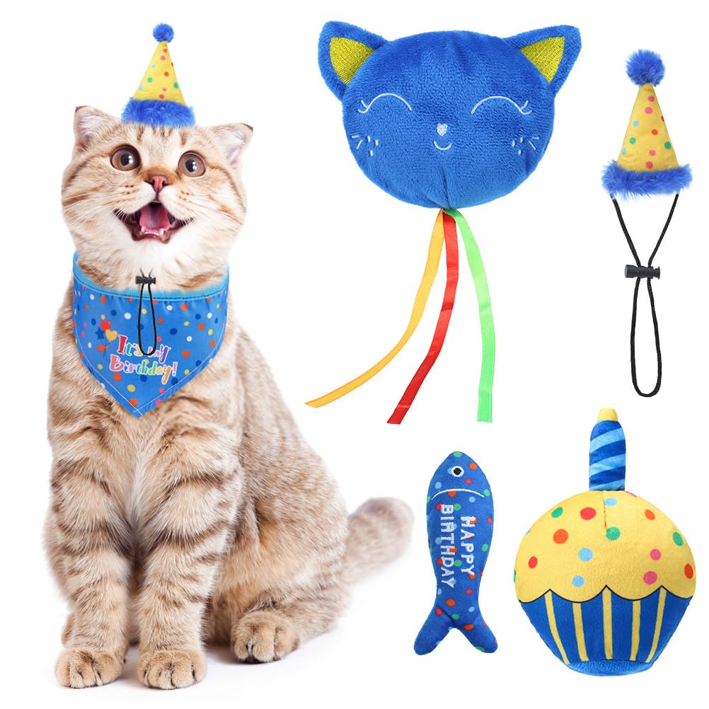 Bingpet Cat Birthday Catnip Toys For Indoor Cats,Cat Birthday Hat,Bandana And Cat Birthday Cake Interactive Plush Kitten Chew To