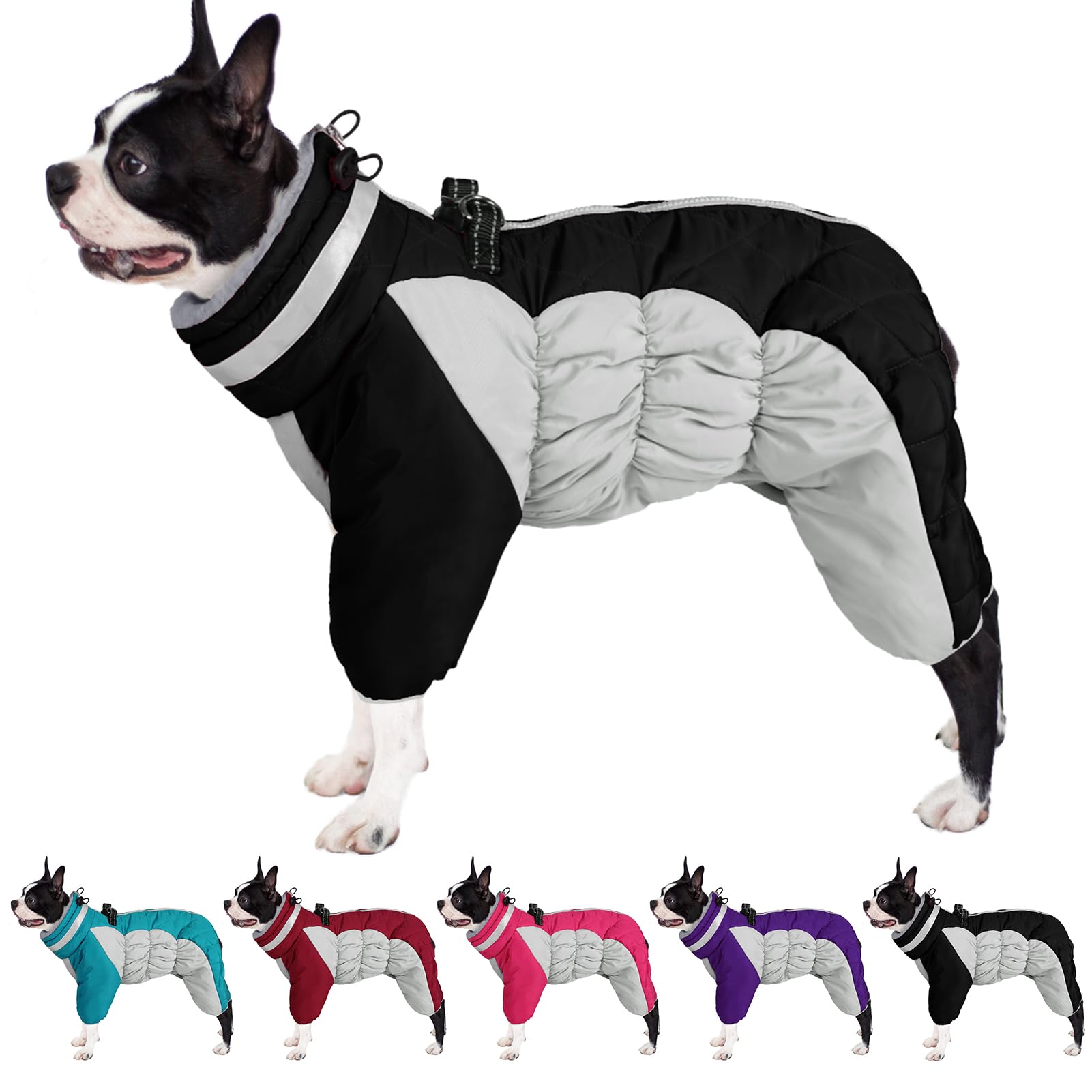 AOFITEE Small Dog Warm Winter Jacket With Built-in Harness, Windproof Reflective Turtleneck Puffer Snowsuit, Four-Legged Fleece 