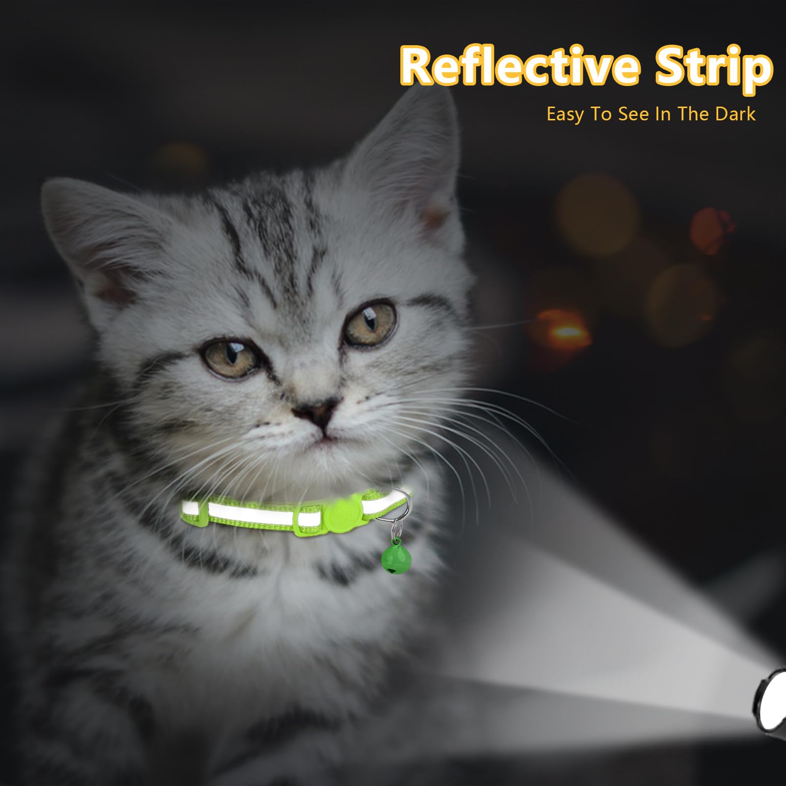 Taglory Reflective Cat Collars Breakaway With Bell, 2 Pack Girl Boy Pet Kitten Collar Adjustable 6-8 Inch, Green