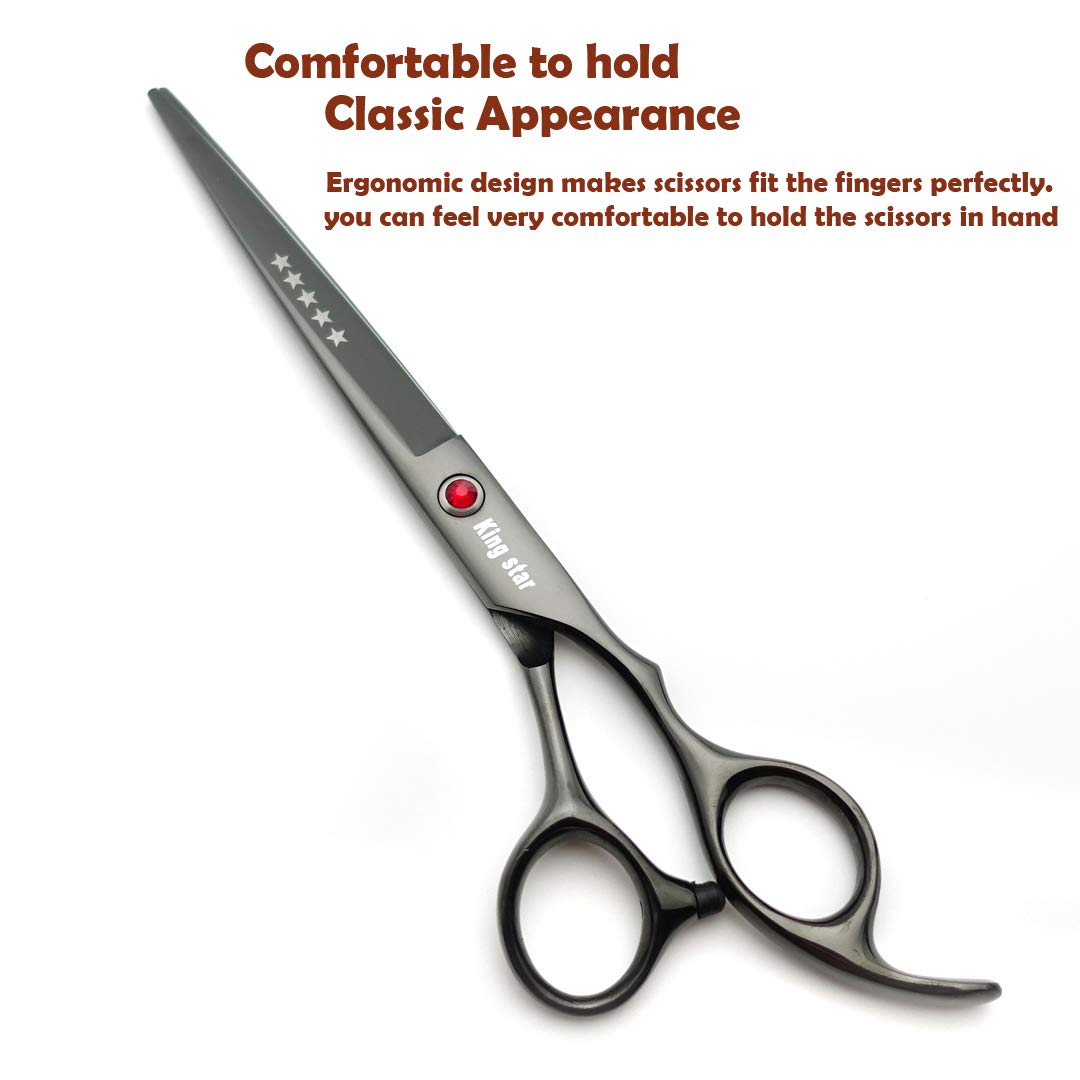 7.0In Titanium Professional Dog Grooming Scissors Set,Straight & Thinning & Curved Scissors 4Pcs Set For Dog Grooming Bright Bla
