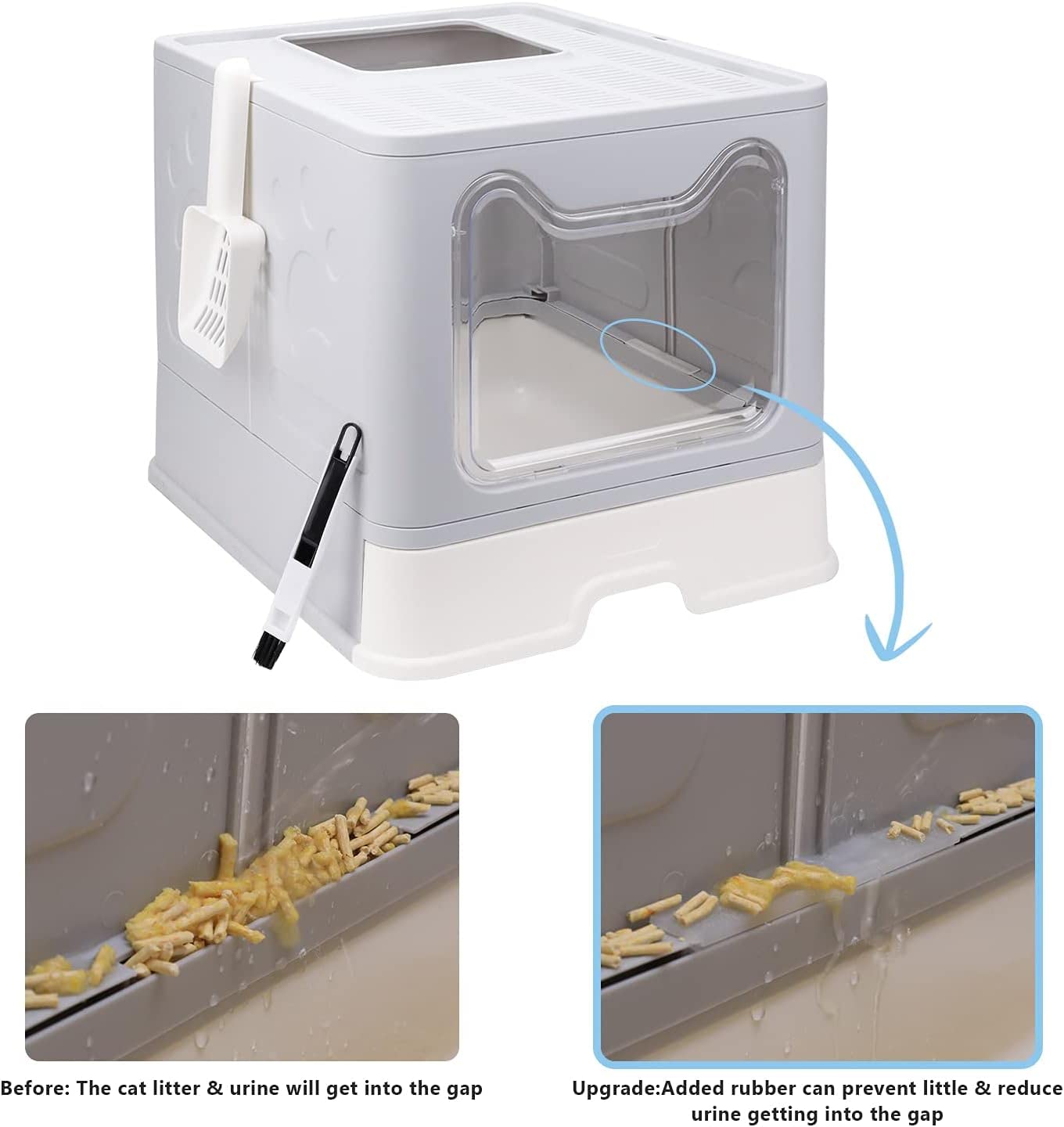 Foldable Cat Litter Box With Lid, Enclosed Cat Potty, Top Entry Anti-Splashing Cat Toilet, Easy To Clean Including Cat Litter Scoop And 2-1 Cleaning Brush (Grey), Large