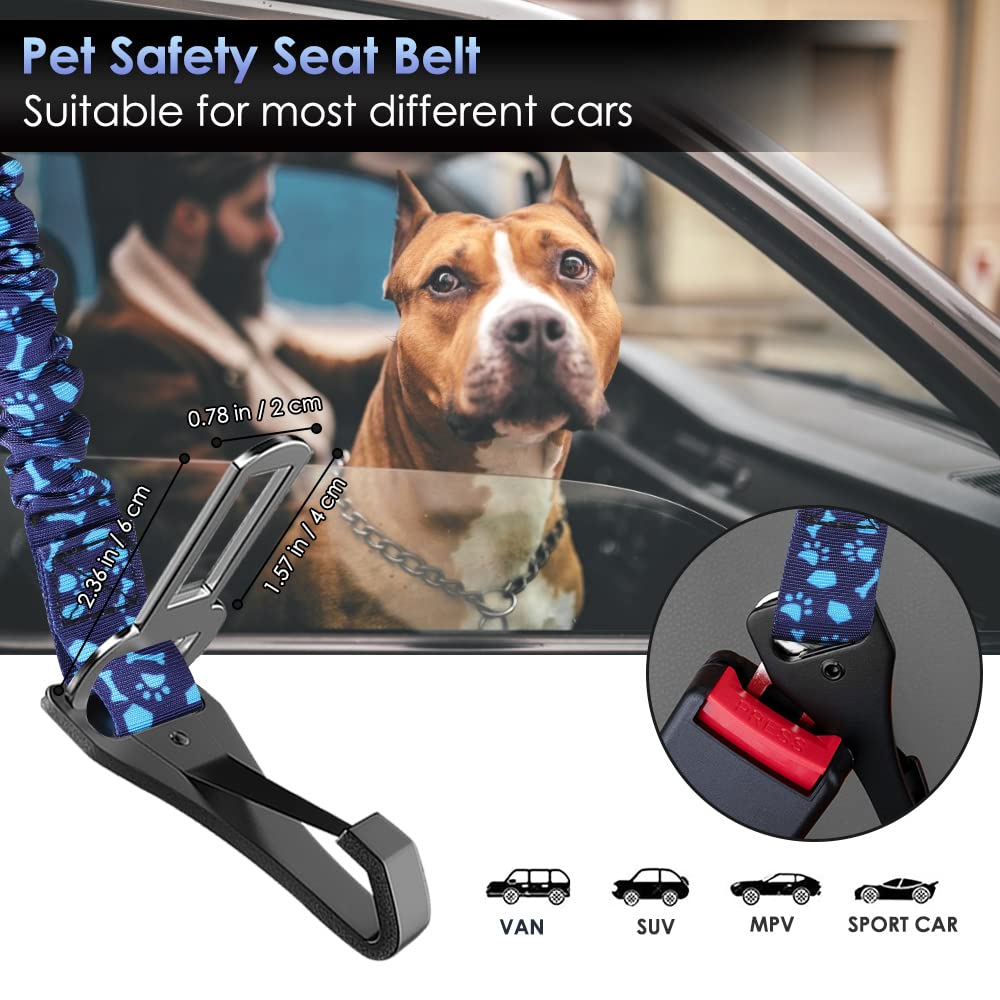 Slowton Dog Seat Belt, Adjustable Dog Safety Belt Leash, 2 In 1 Latch Bar Attachment Dog Car Seatbelt With Elastic Nylon Bungee Buffer, Reflective Nylon Belt Tether Connect To Dog Harness (Bl Dog Paw)