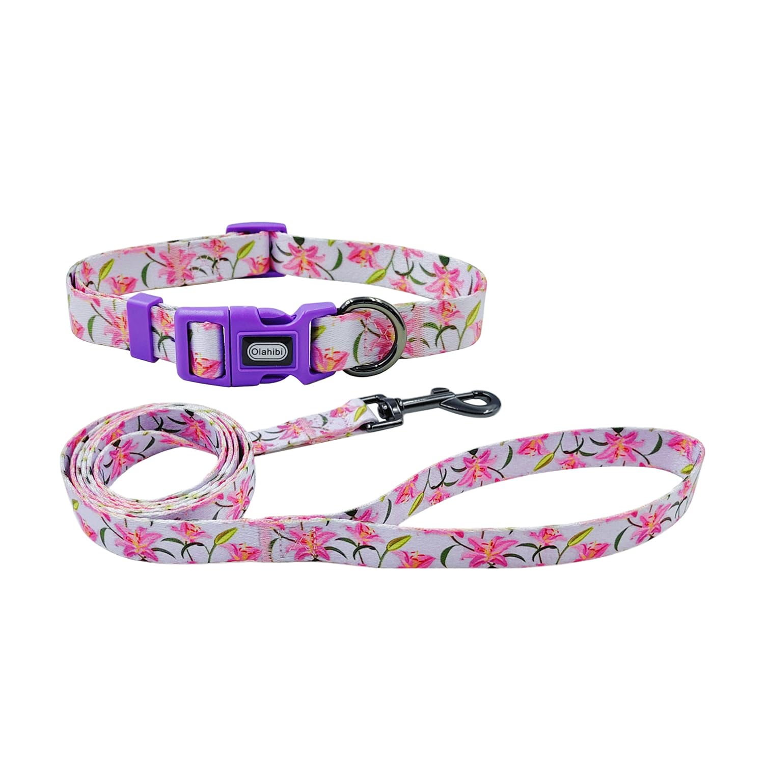 Olahibi Dog Collar And Leash Set, Lily Floral Pattern, Polyester Material, 5Ft Leash, For Small Dogs.(S, Purple Lily)
