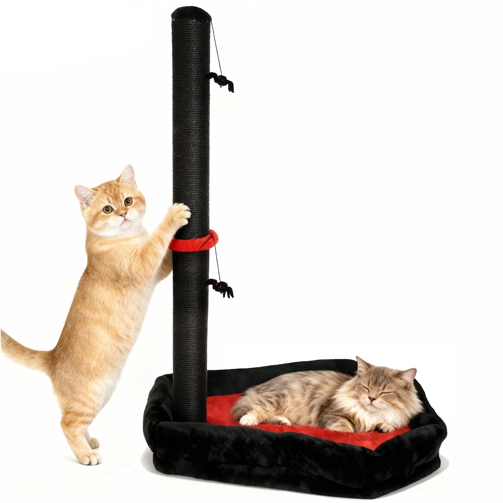 VIEFIN Gothic Cat Scratching Post with Bed, 34 Tall Cat Scratcher for Indoor Cats - Modern Sisal Scratch Post with Spider Dangli