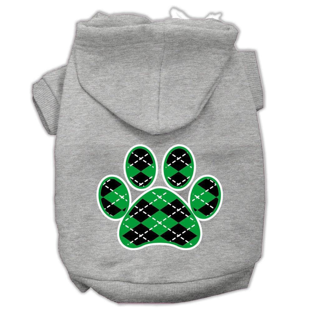 Pet Dog & Cat Hoodie Screen Printed, Green Argyle Paw Gray SM (3-6 lbs.)