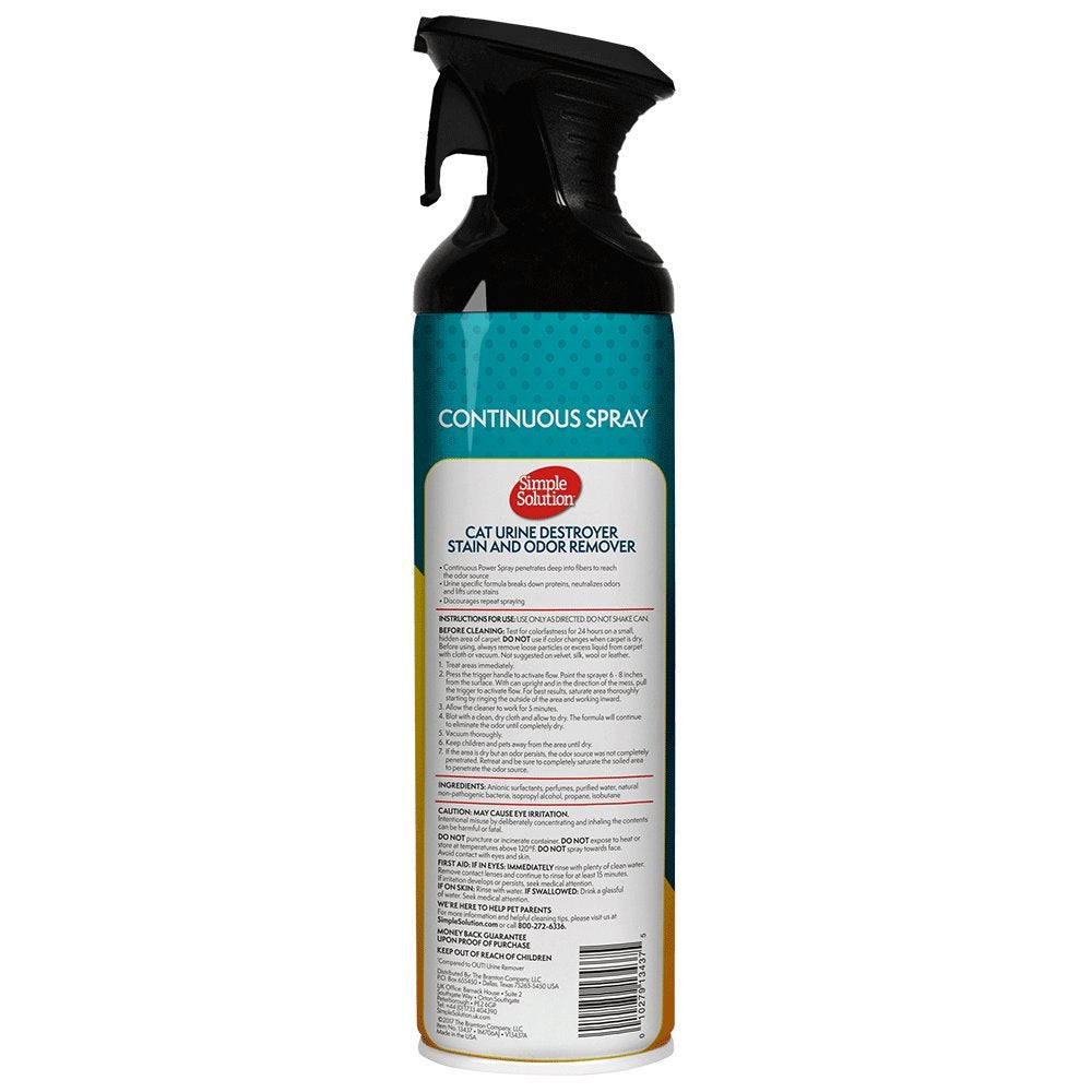 Simple Solution Cat Urine Destroyer | Continuous Spray Cat Stain And Odor Remover | Breaks Down Cat Urine To Neutralize Stain And Odor | Prevents Repeat Marking | 17 Ounces
