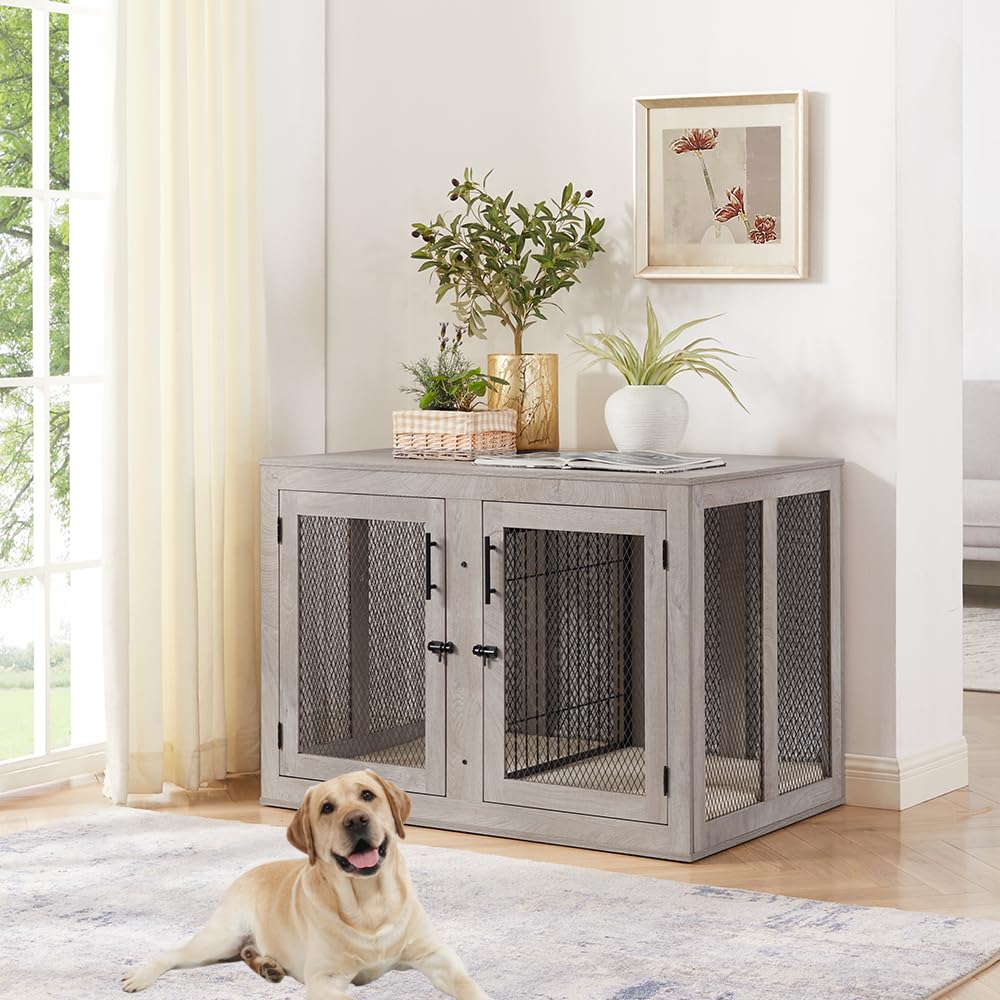 unipaws 46.7 Extra Large Dog Crate Furniture with Divider for 2 Dogs, Wooden Dog Kennel for XLarge Breed, XL Wood Dog Cage, End