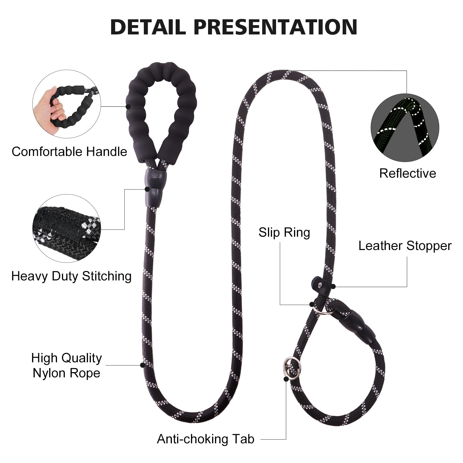Betmaypet Slip Leads Dog Leash - 4/5/6 FT Slip Leash with Comfortable Handle - Reflective & Heavy Duty Rope Training Leash (1/2'