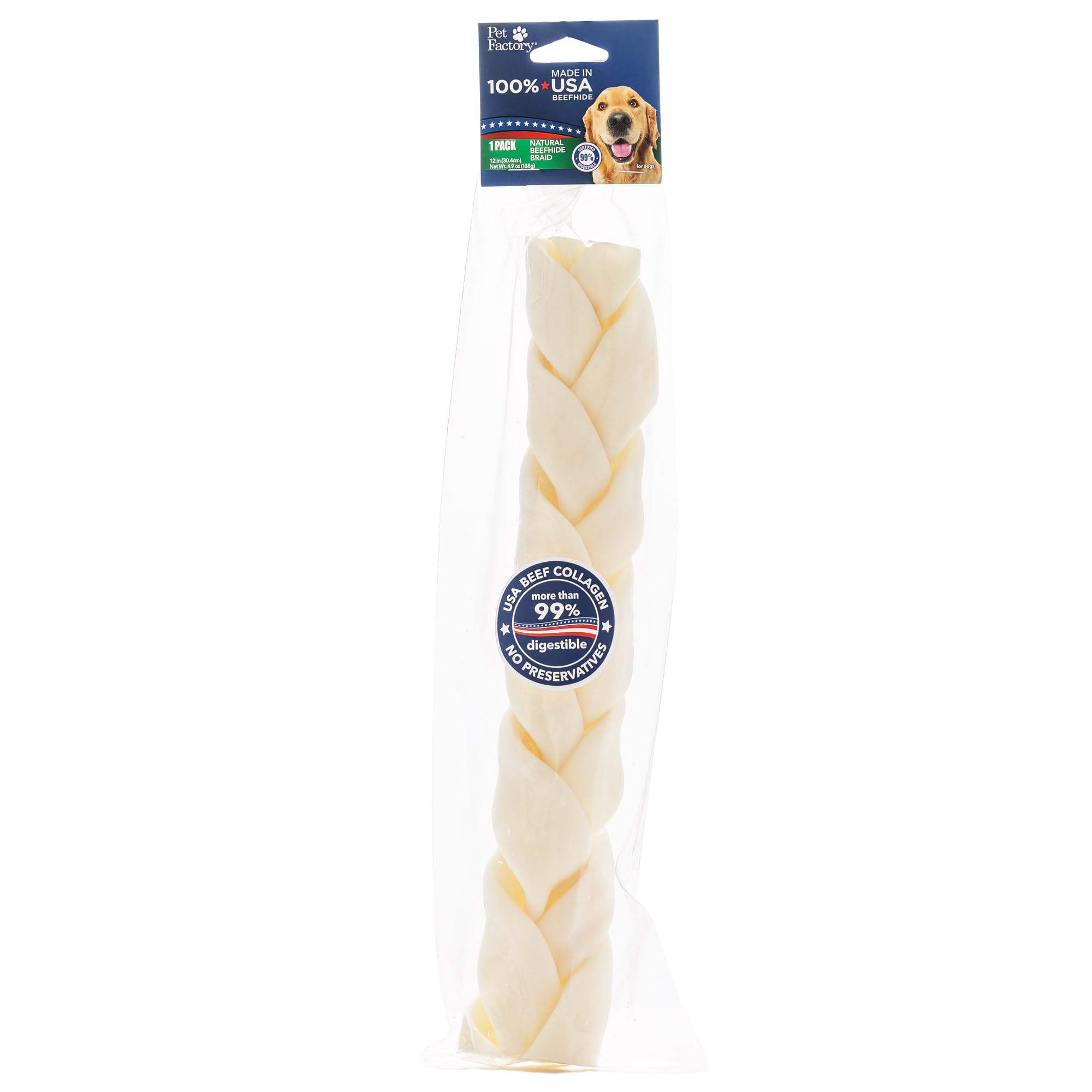 Pet Factory 100% Made in USA Beefhide 12 Braided Stick Dog Chew Treat - Natural Flavor, 1 Count/1 Pack