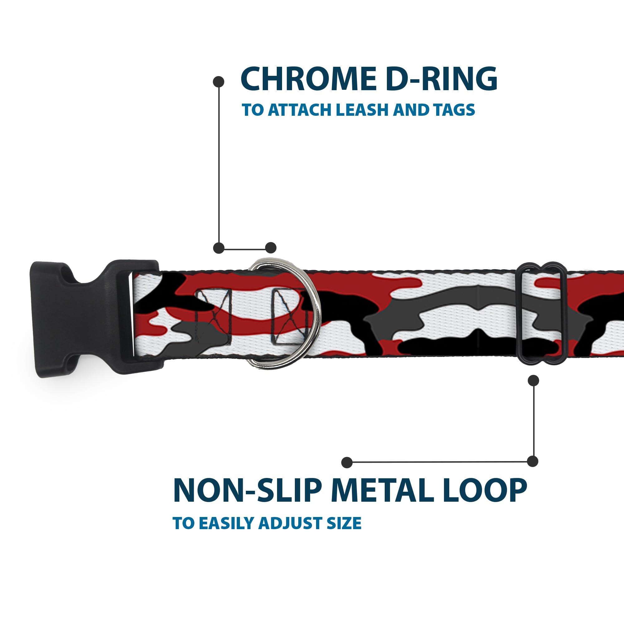 Buckle-Down Dog Collar Plastic Clip Camo Red Black Gray White 9 To 15 Inches 0.5 Inch Wide