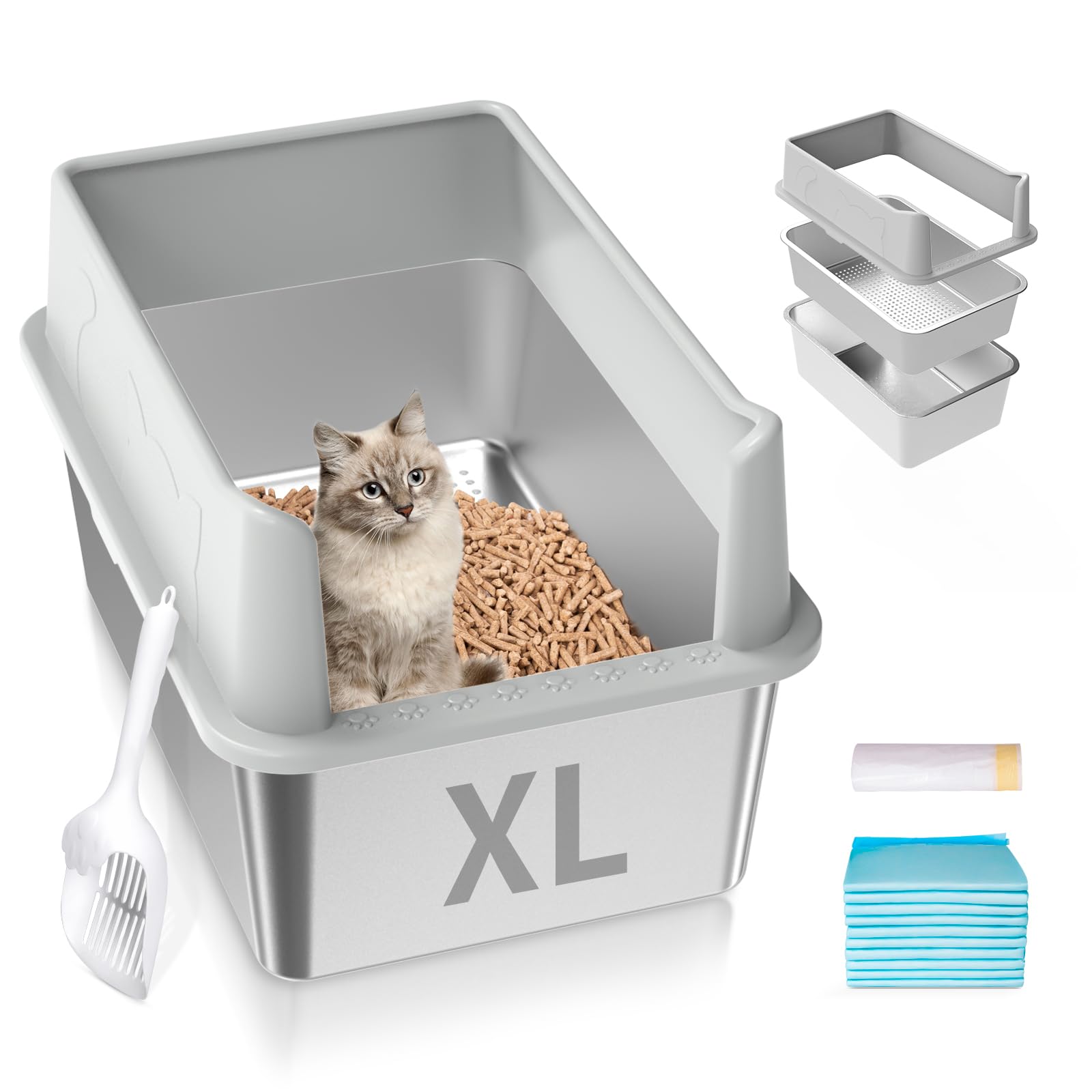 Stainless Steel Cat Litter Box with Lid, XL High Sided Metal Sifting Litter Box for Pine Pellets, Enclosed Litter Box for Big Ca
